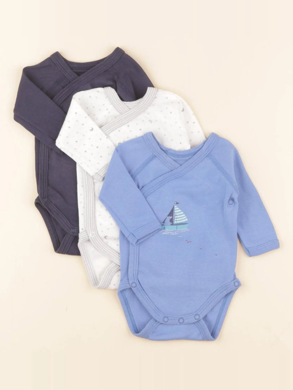 Petit Bateau - lot de 3 bodies en coton bleu, blanc - 0 mois