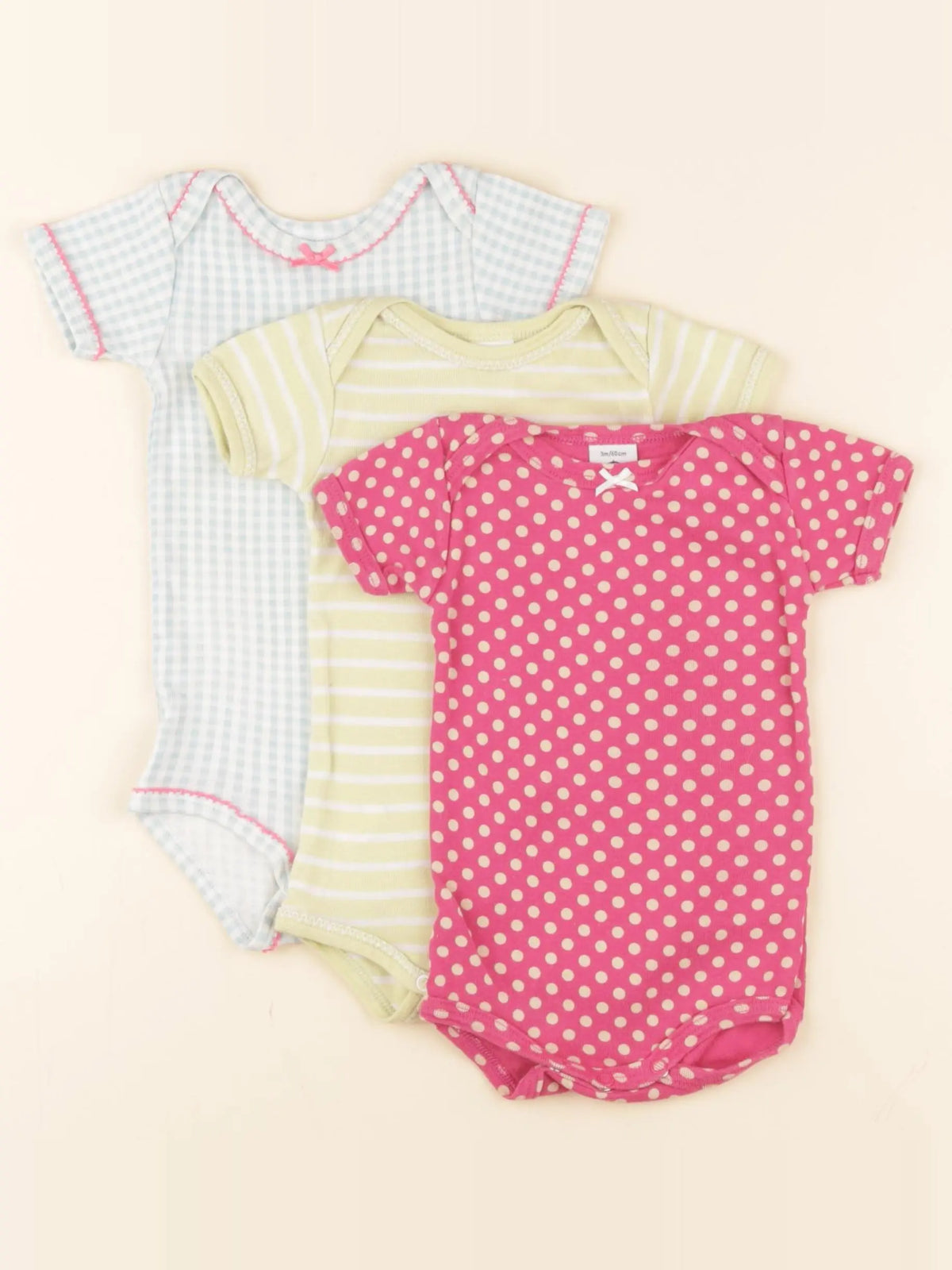 Petit Bateau - lot de 3 bodies en coton bleu, jaune, rose - 3 mois