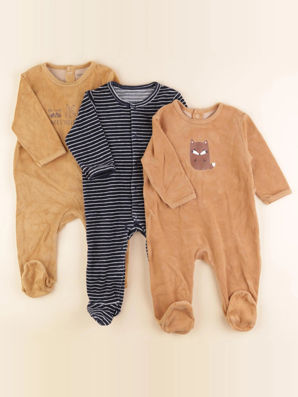 Vertbaudet - lot de 3 pyjamas velours marron, bleu - 6 mois