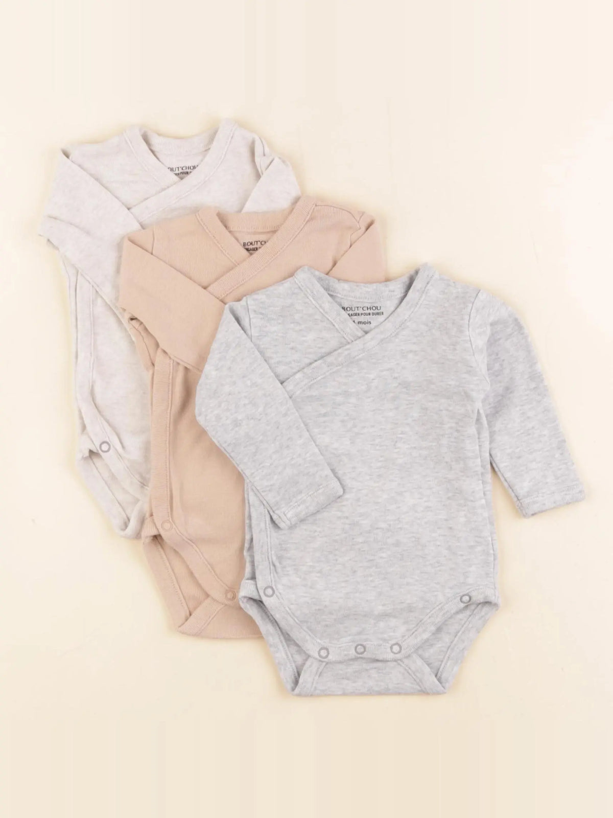Boutchou - lot de 3 bodies en coton gris, beige, marron - 1 mois