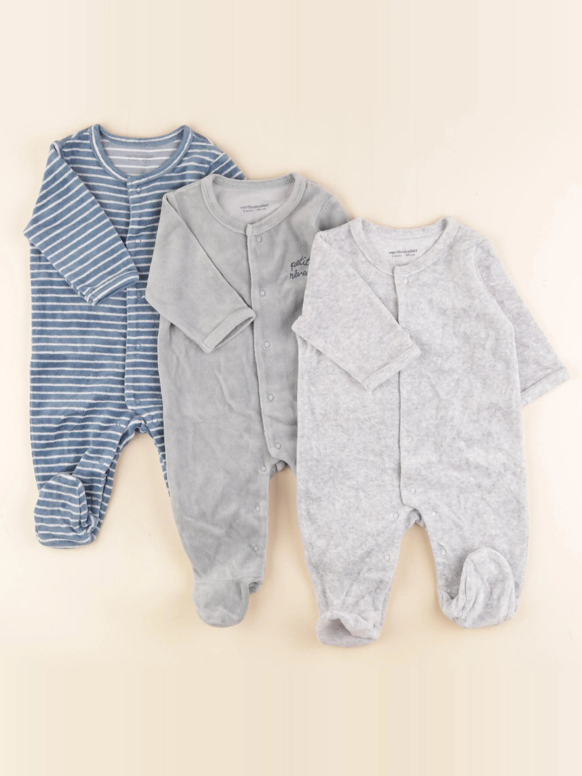 Vertbaudet - lot de 3 pyjamas velours bleu, gris, vert - 3 mois
