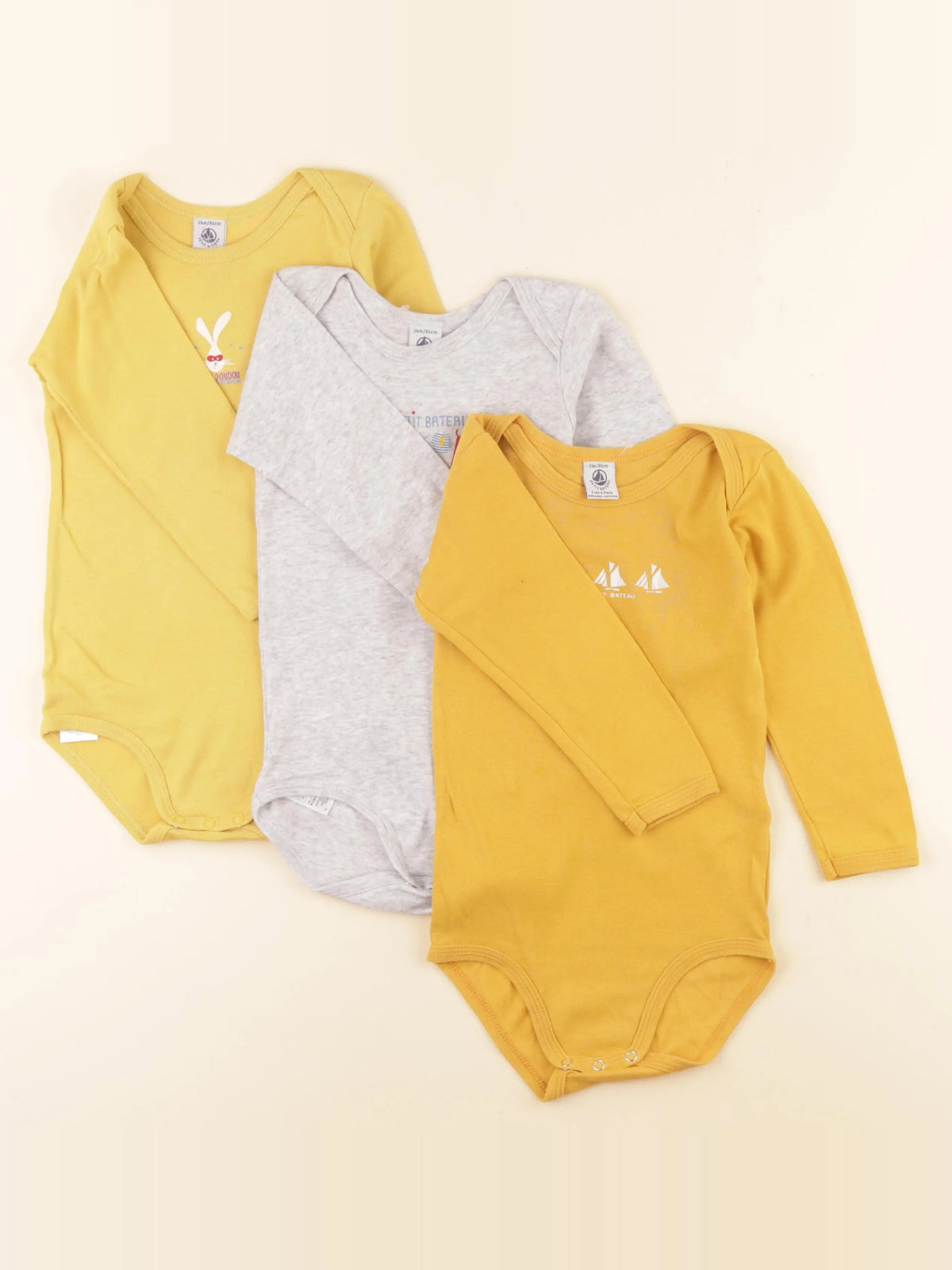 Petit Bateau - lot de 3 bodies en coton jaune, gris - 24 mois