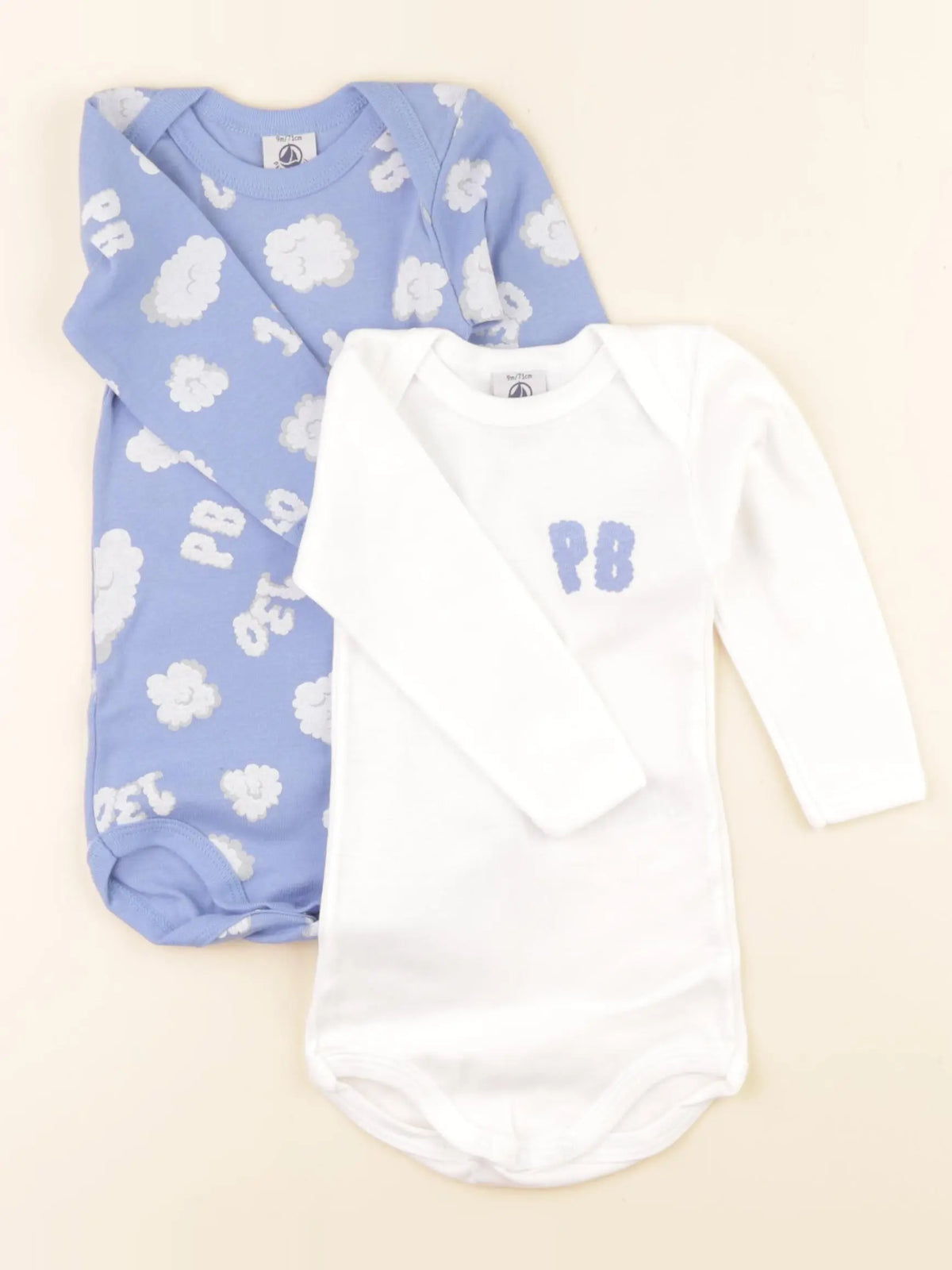Petit Bateau - lot de 2 bodies en coton blanc, bleu - 9 mois
