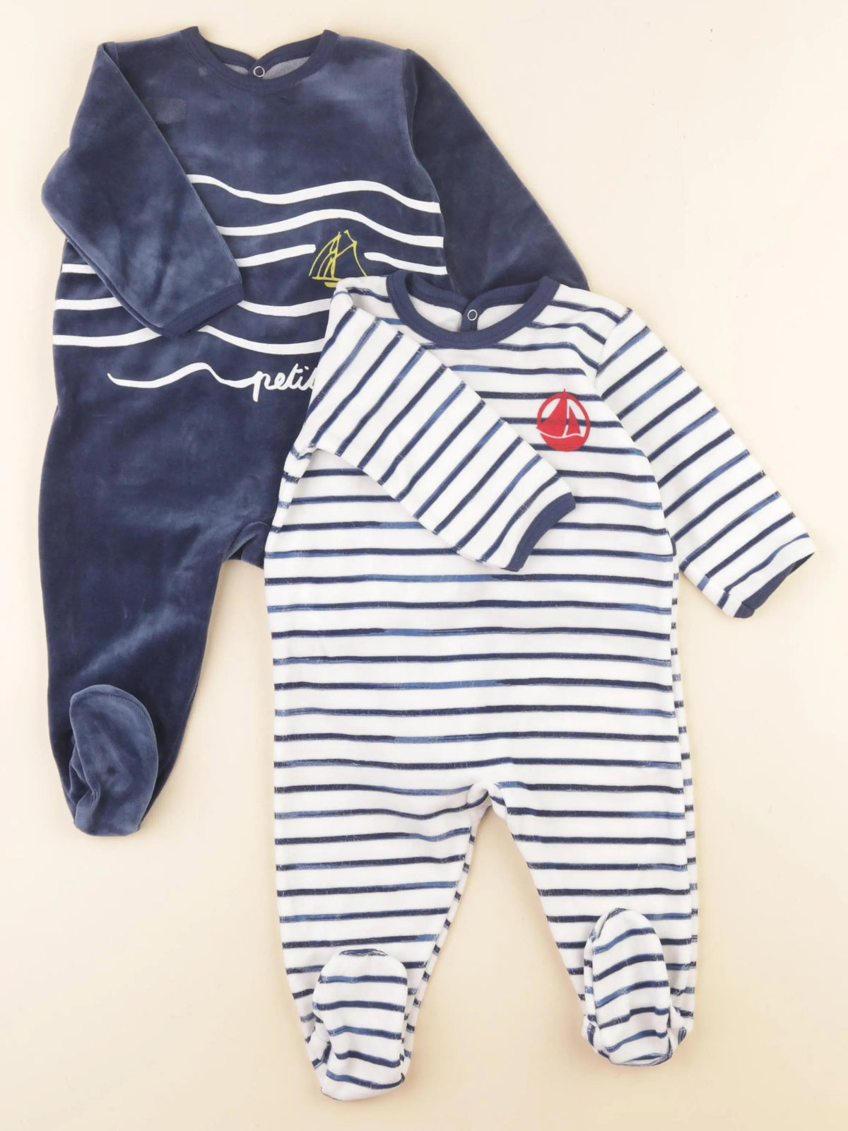 Petit Bateau - lot de 2 pyjamas velours blanc, bleu - 9 mois