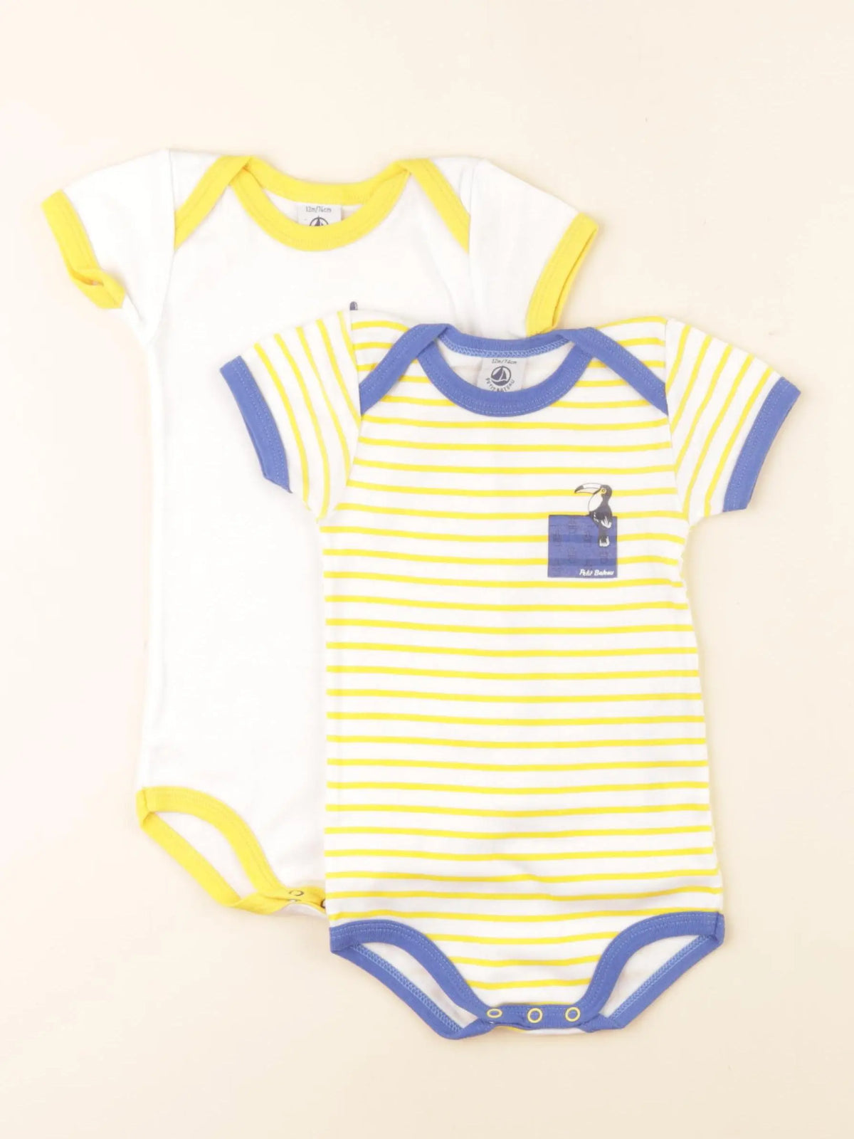 Petit Bateau - lot de 2 bodies en coton bleu, jaune - 12 mois