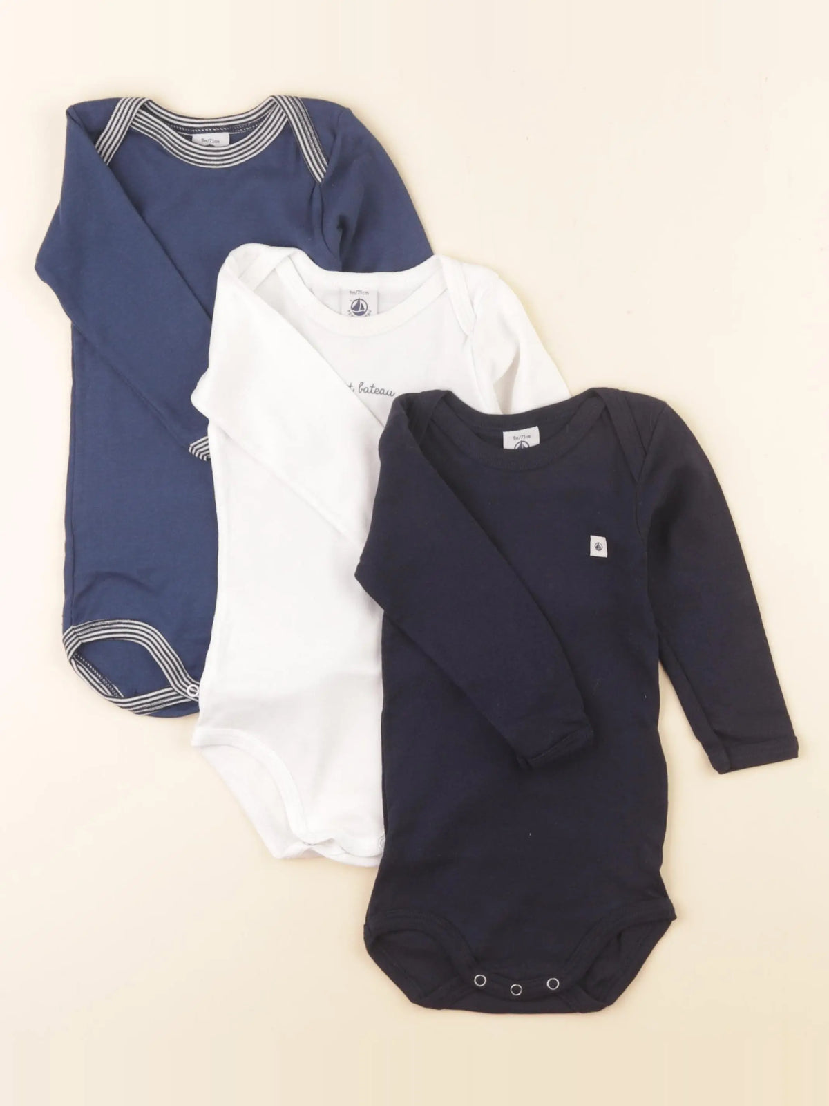 Petit Bateau - lot de 3 bodies en coton bleu, blanc - 9 mois
