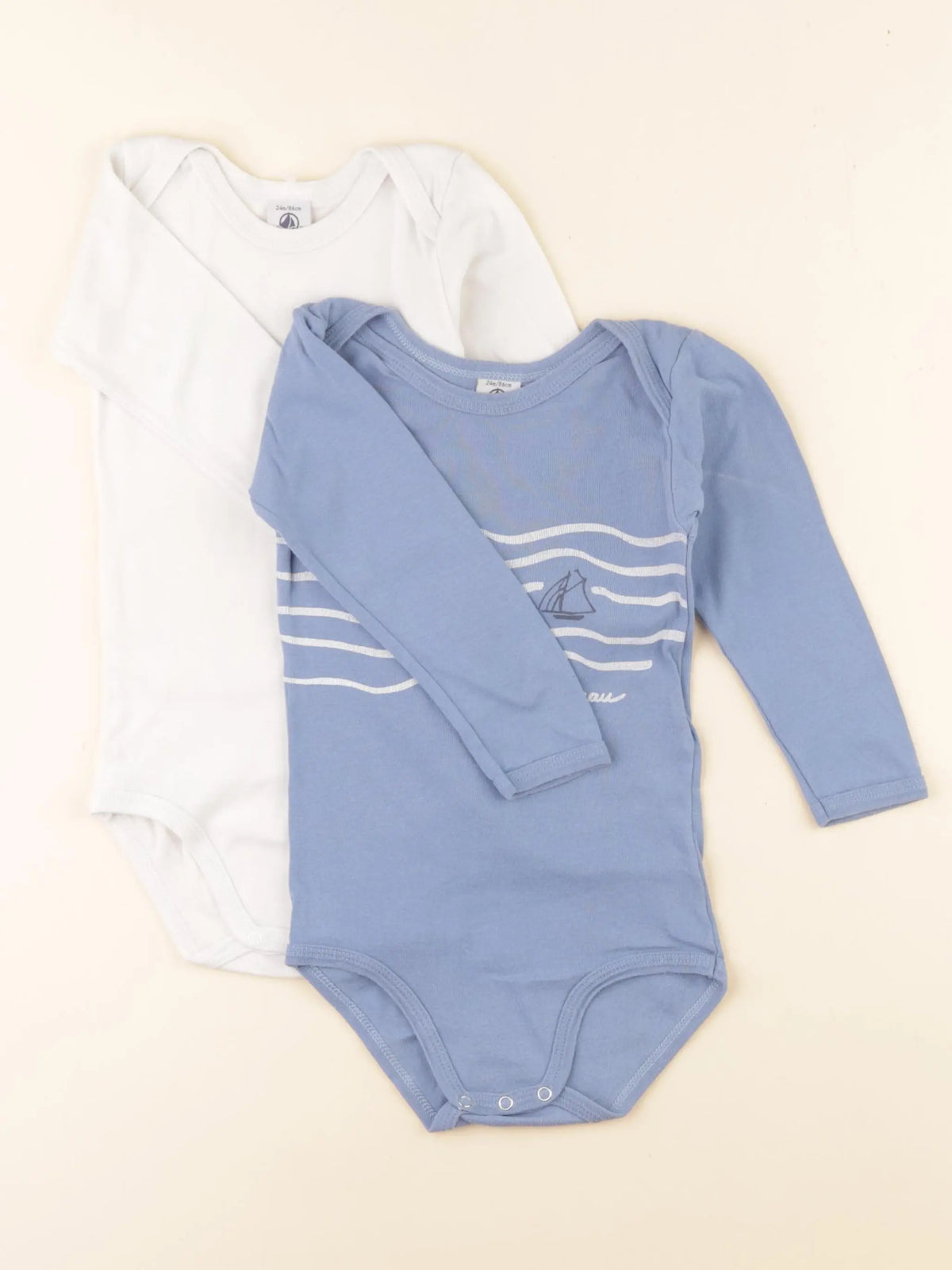Petit Bateau - lot de 2 bodies en coton blanc, bleu - 2 ans