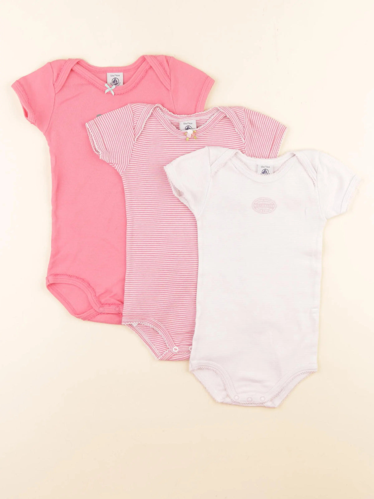 Petit Bateau - lot de 3 bodies en coton blanc, rose - 12 mois
