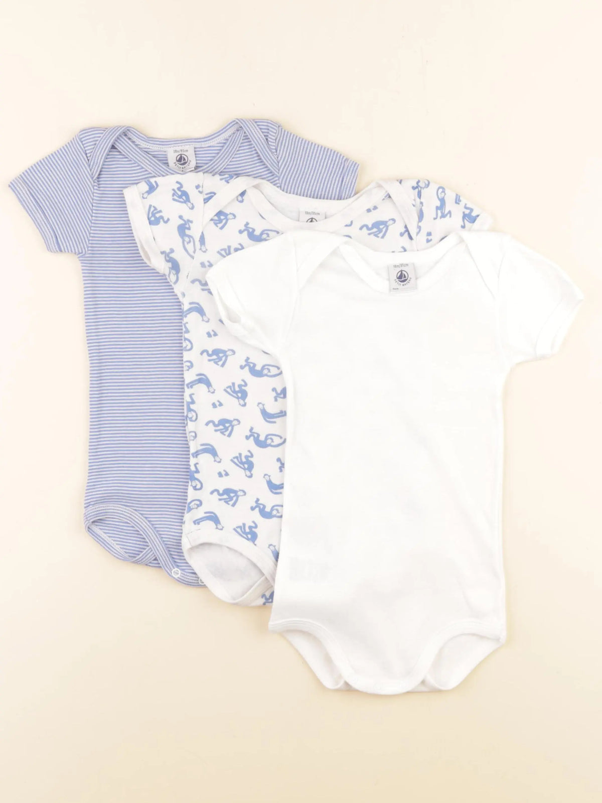 Petit Bateau - lot de 3 bodies en coton bleu, blanc - 18 mois