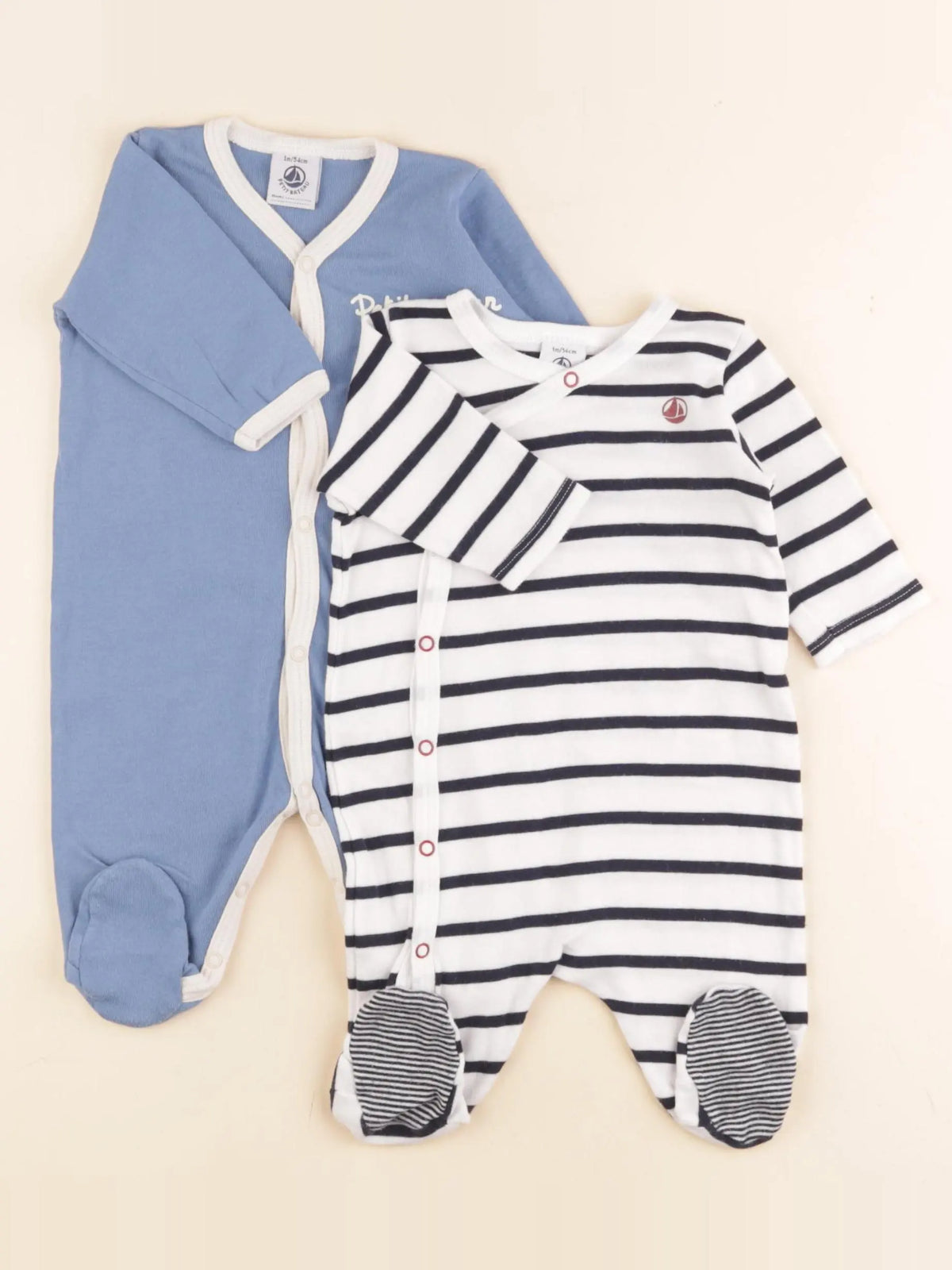 Petit Bateau - lot de 2 pyjamas coton blanc, bleu - 1 mois