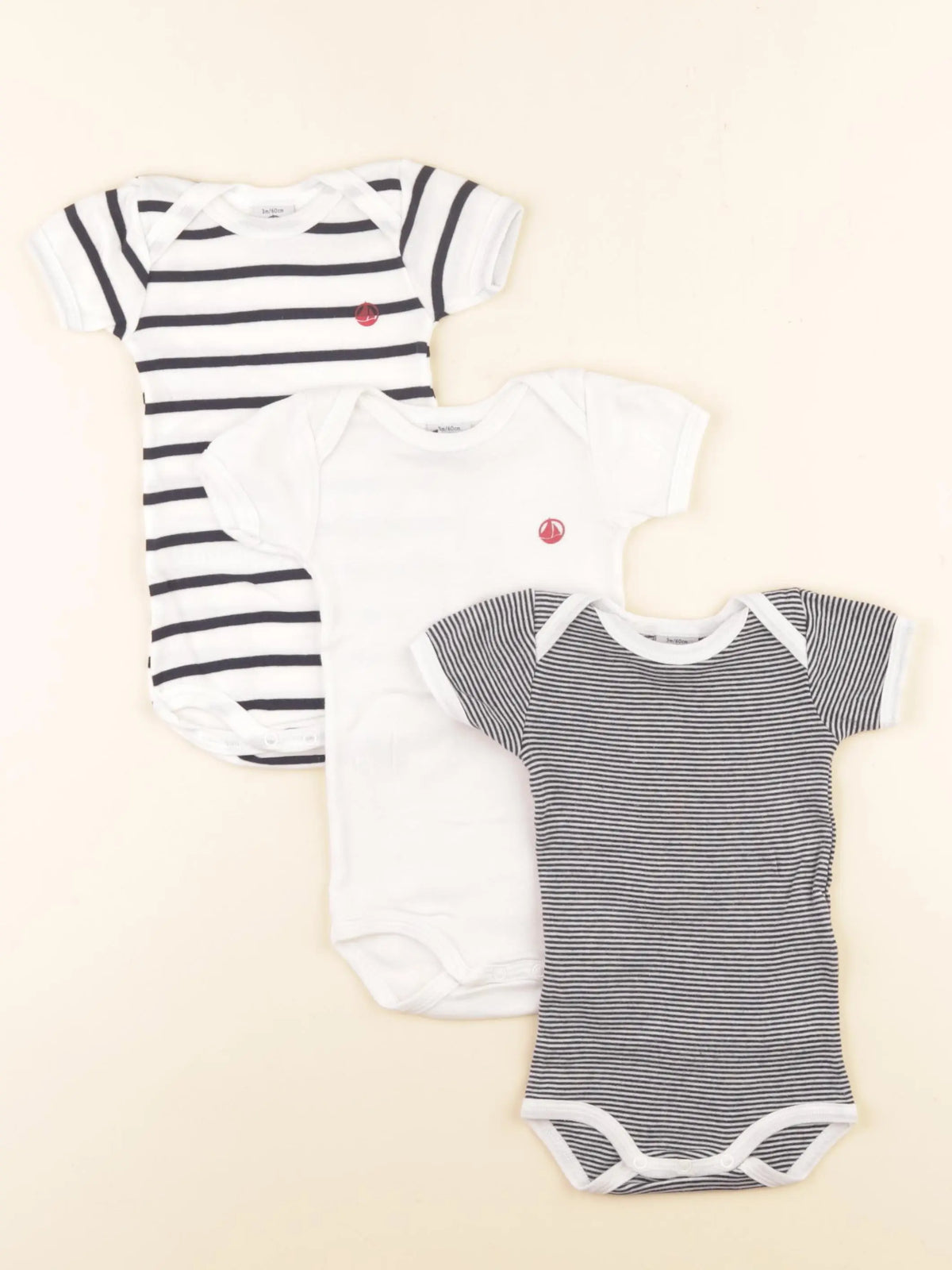 Petit Bateau - lot de 3 bodies en coton blanc, bleu - 3 mois