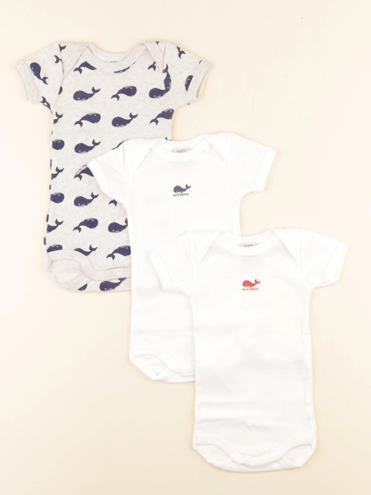 Petit Bateau - lot de 3 bodies en coton blanc, gris - 3 mois