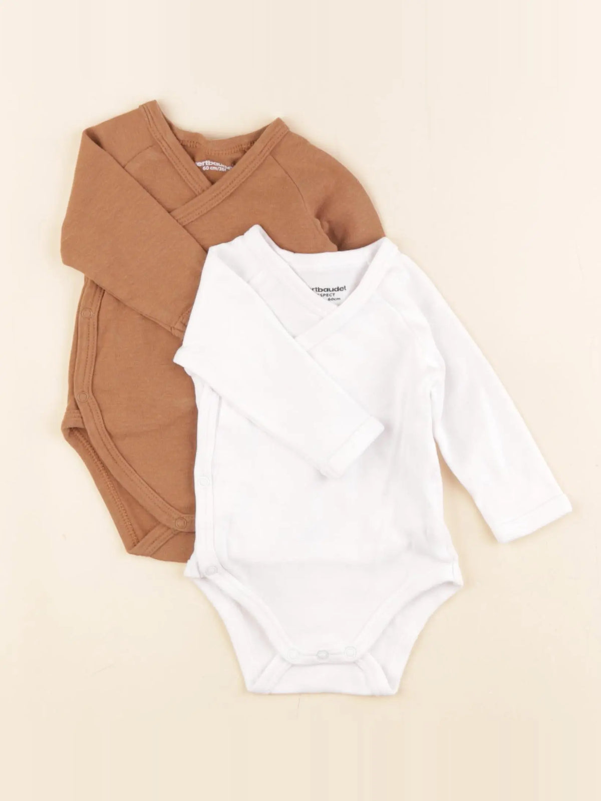 Vertbaudet - lot de 2 bodies en coton blanc, marron - 3 mois