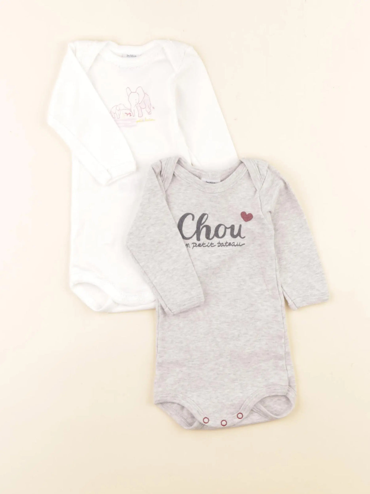 Petit Bateau - lot de 2 bodies en coton gris, blanc - 3 mois
