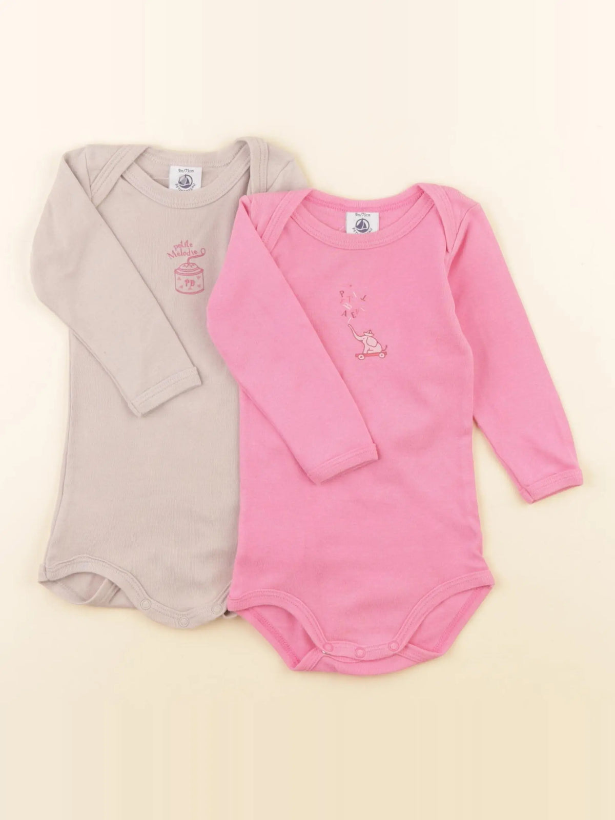 Petit Bateau - lot de 2 bodies en coton beige, rose - 9 mois