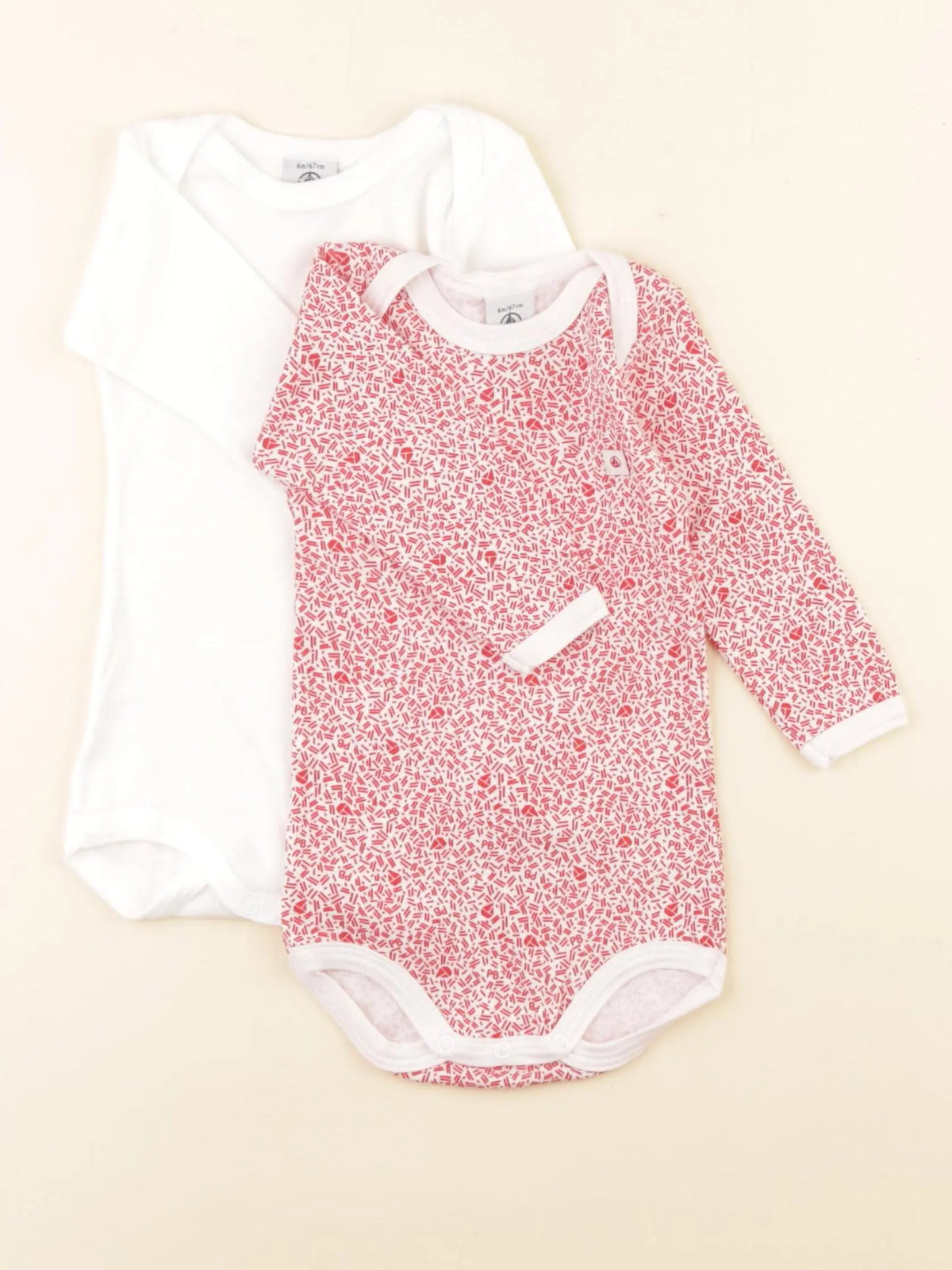 Petit Bateau - lot de 2 bodies en coton blanc, rouge - 6 mois