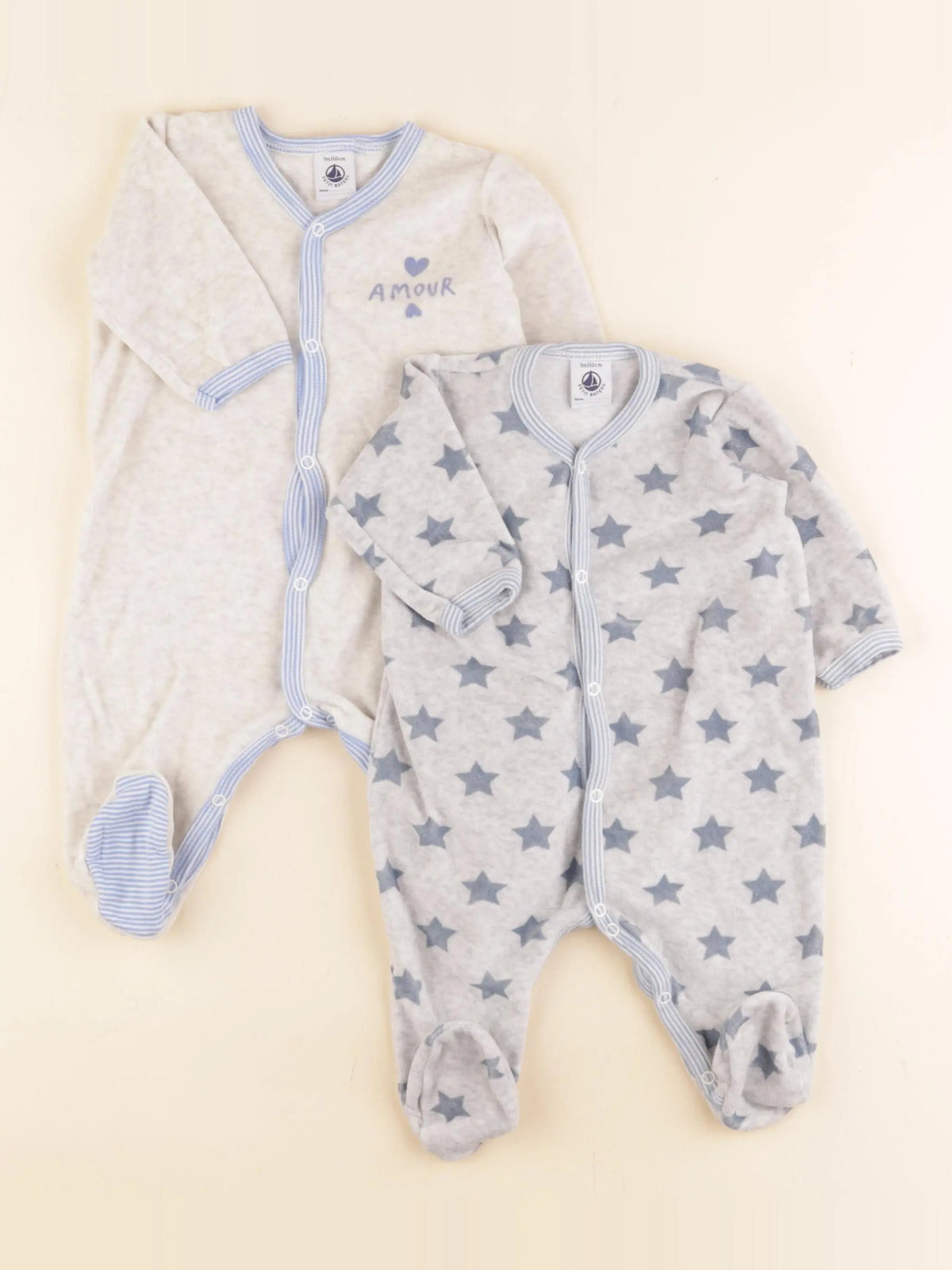 Petit Bateau - lot de 2 pyjamas velours bleu, gris - 3 mois