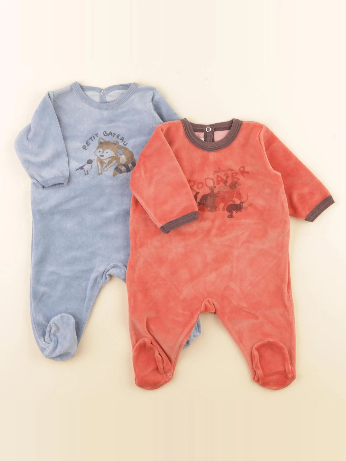 Petit Bateau - lot de 2 pyjamas velours bleu, orange - 3 mois