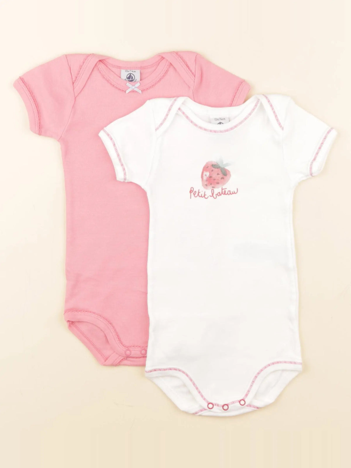 Petit Bateau - lot de 2 bodies en coton blanc, rose - 12 mois