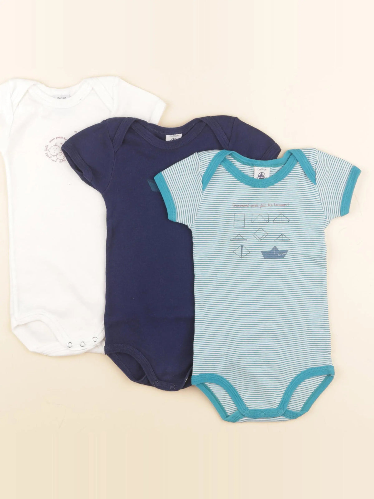 Petit Bateau - lot de 3 bodies en coton blanc, bleu - 12 mois