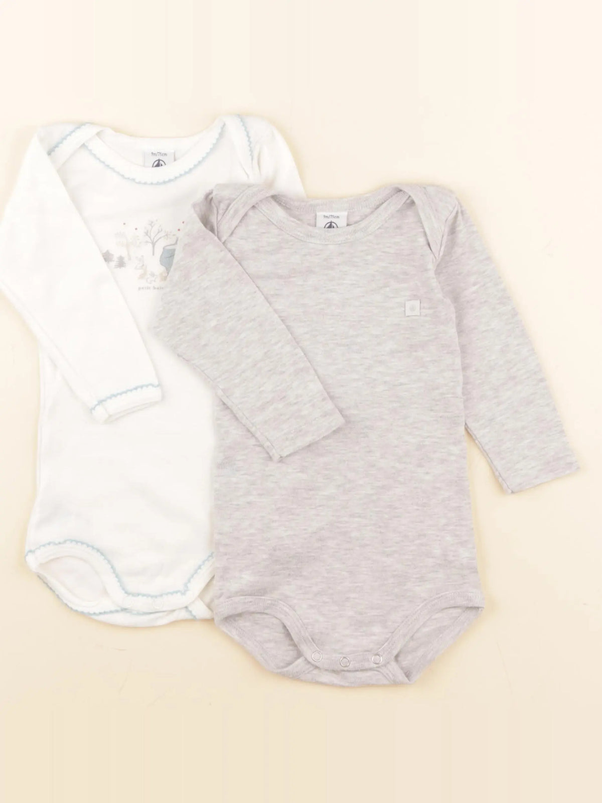 Petit Bateau - lot de 2 bodies en coton blanc, gris - 9 mois
