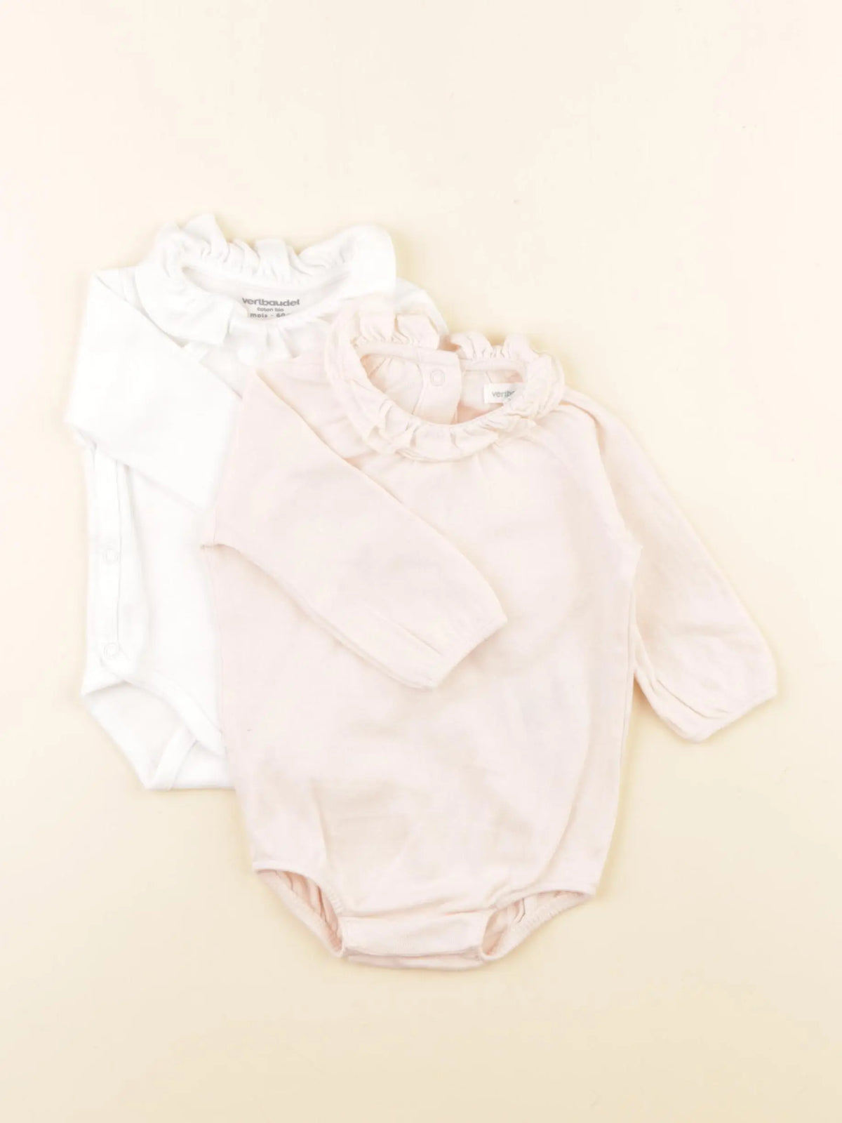 Vertbaudet - lot de 2 bodies à col velours blanc, rose - 3 mois