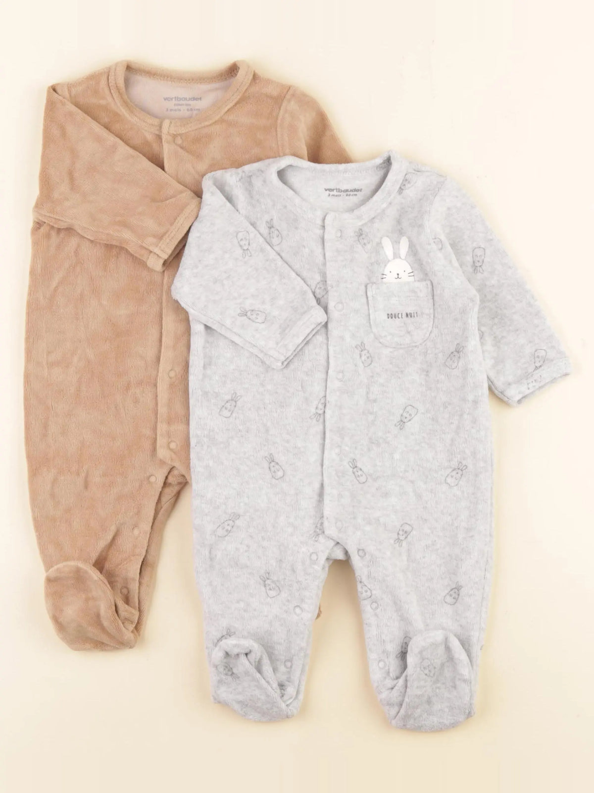Vertbaudet - lot de 2 pyjamas velours gris, marron - 3 mois