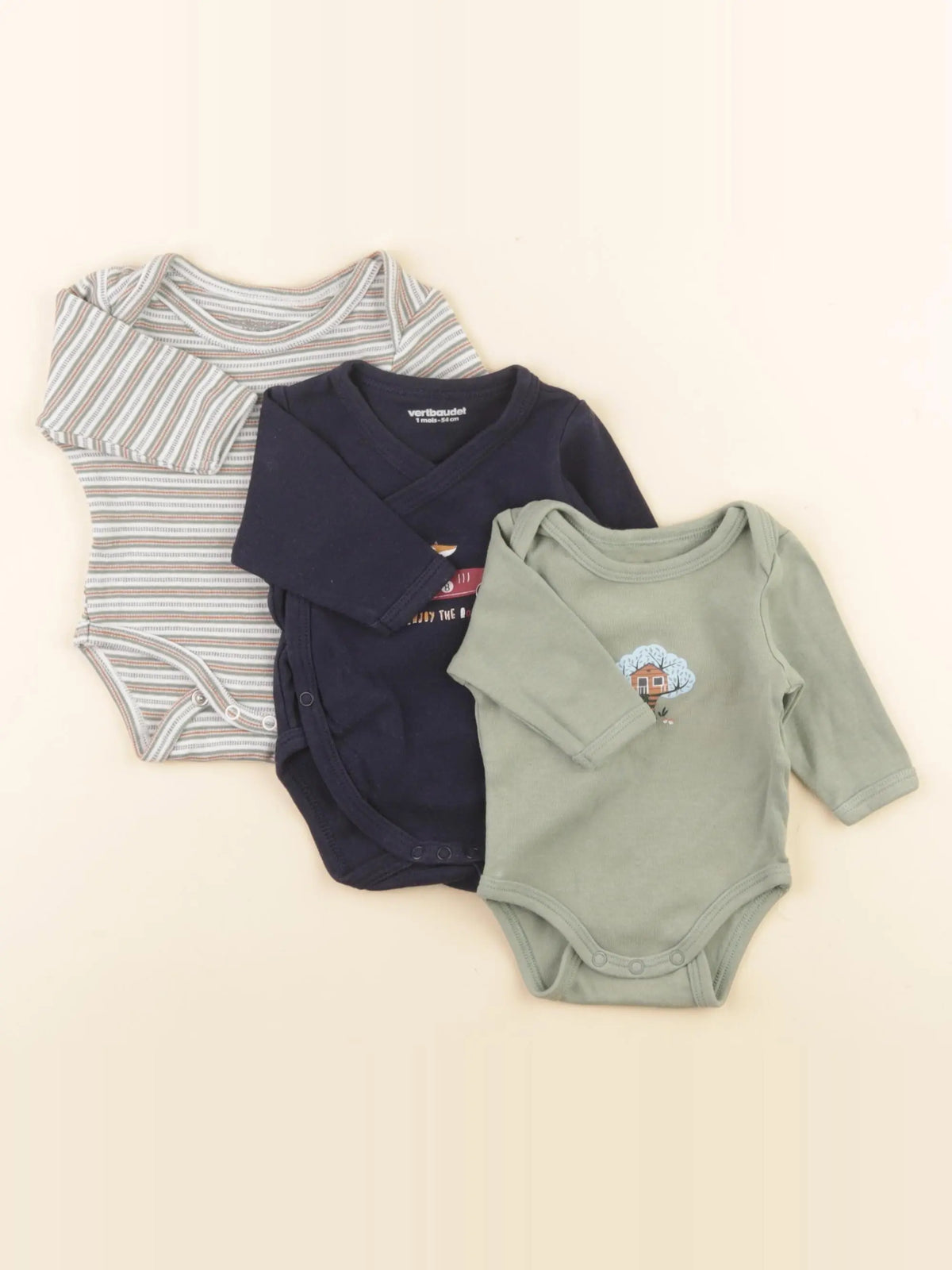 Vertbaudet - lot de 3 bodies en coton bleu, vert - 1 mois