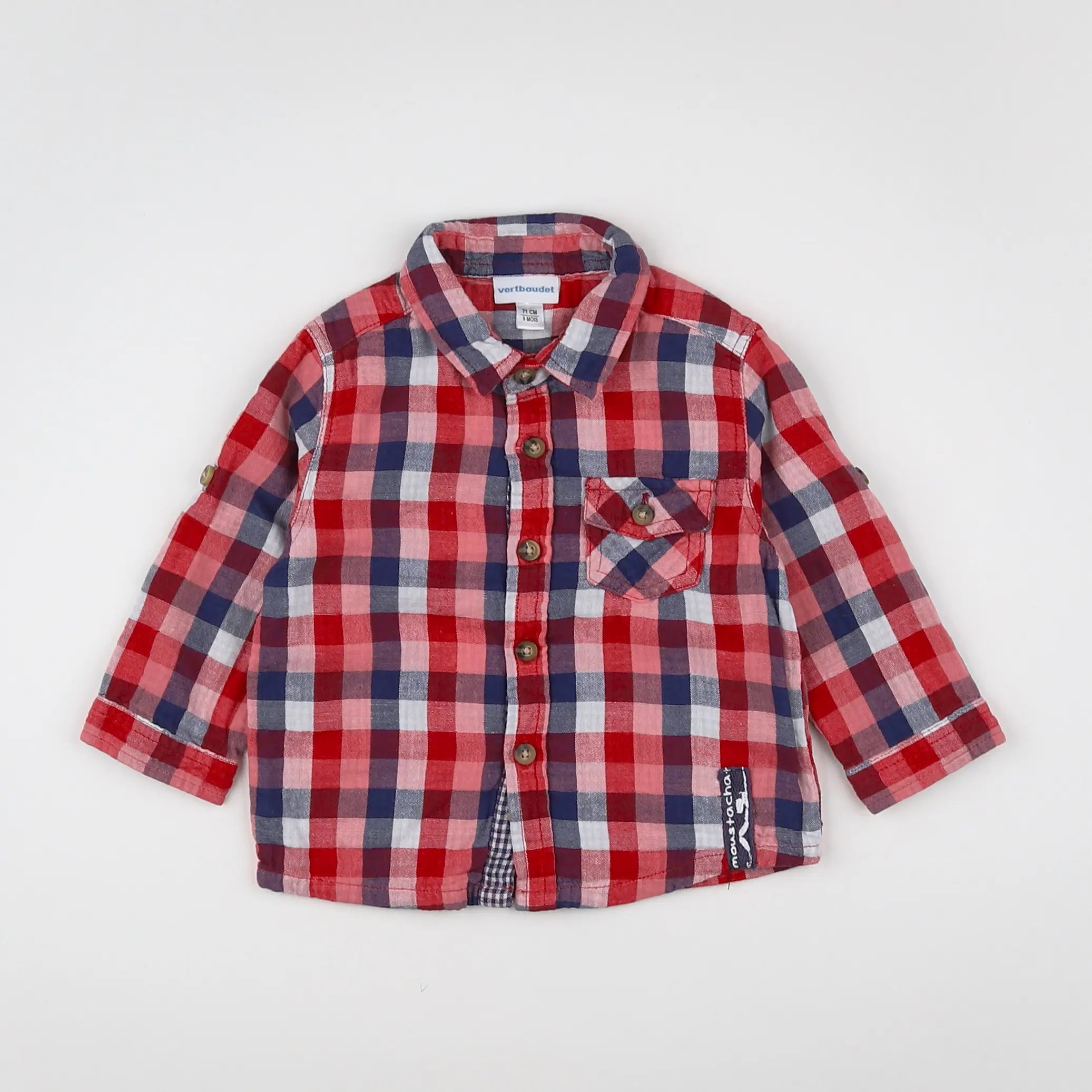 Vertbaudet - chemise rouge, bleu - 9 mois