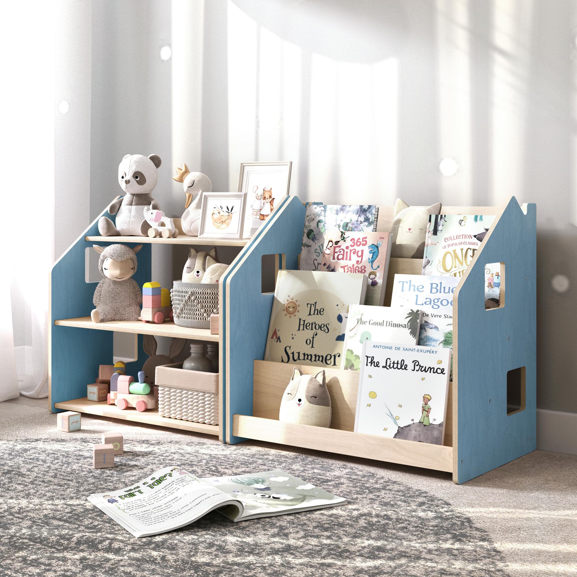 Ensemble - Bibliothèque enfant + Étagère à jouets - Couleur bleu clair / rose