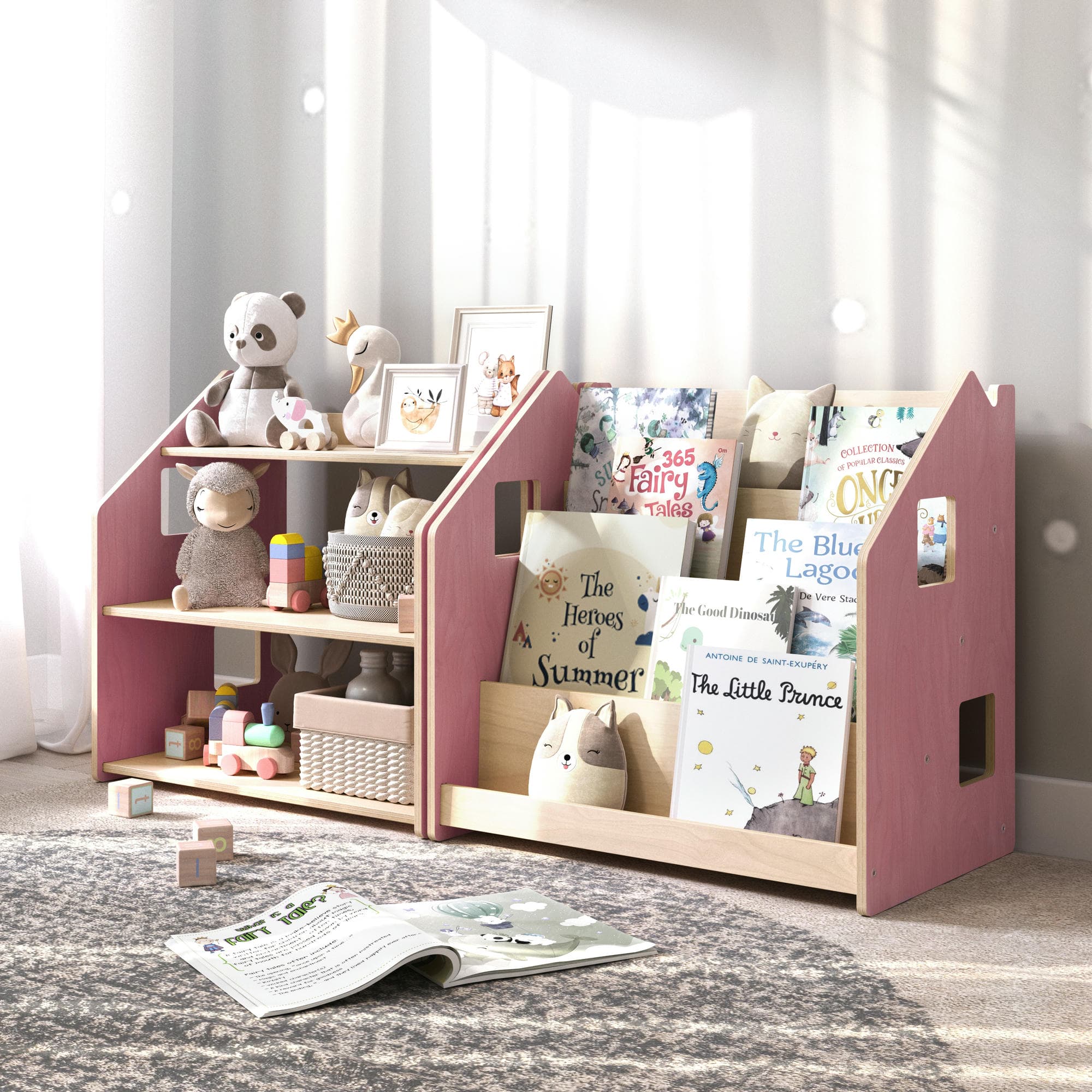 Ensemble - Bibliothèque enfant + Étagère à jouets - Couleur bleu clair / rose
