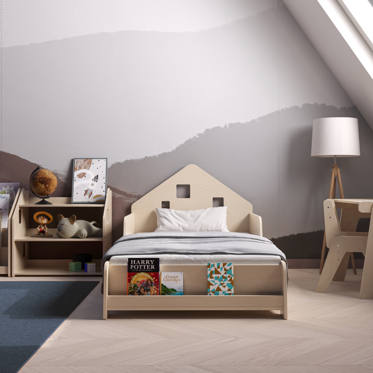 Lit extensible en forme de maison avec éclairage LED