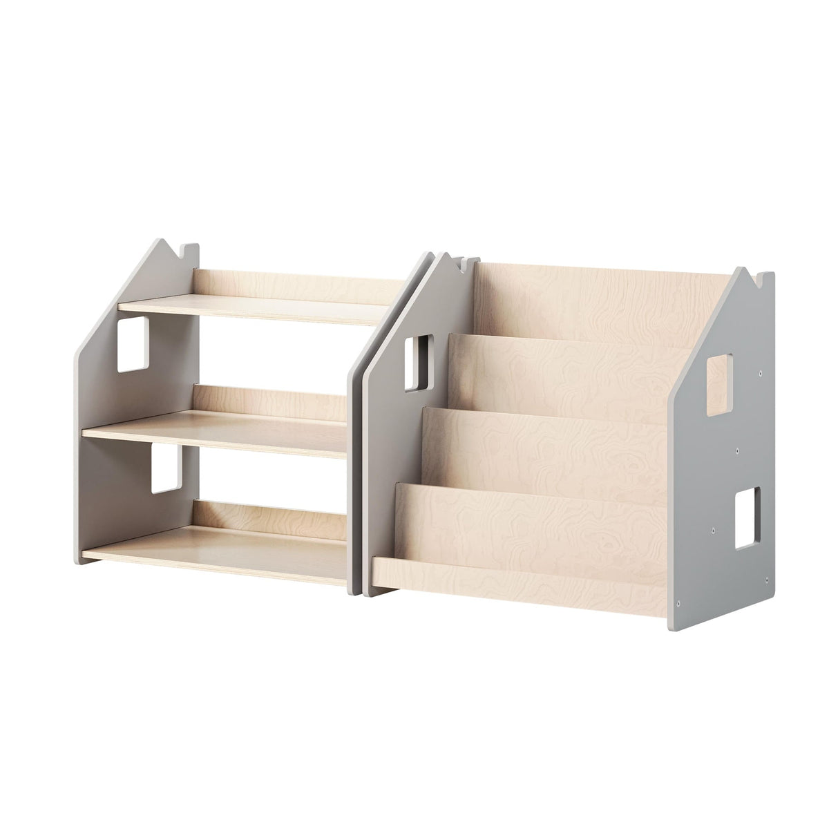 Ensemble - Bibliothèque enfant + Étagère à jouets - Blanc et Gris