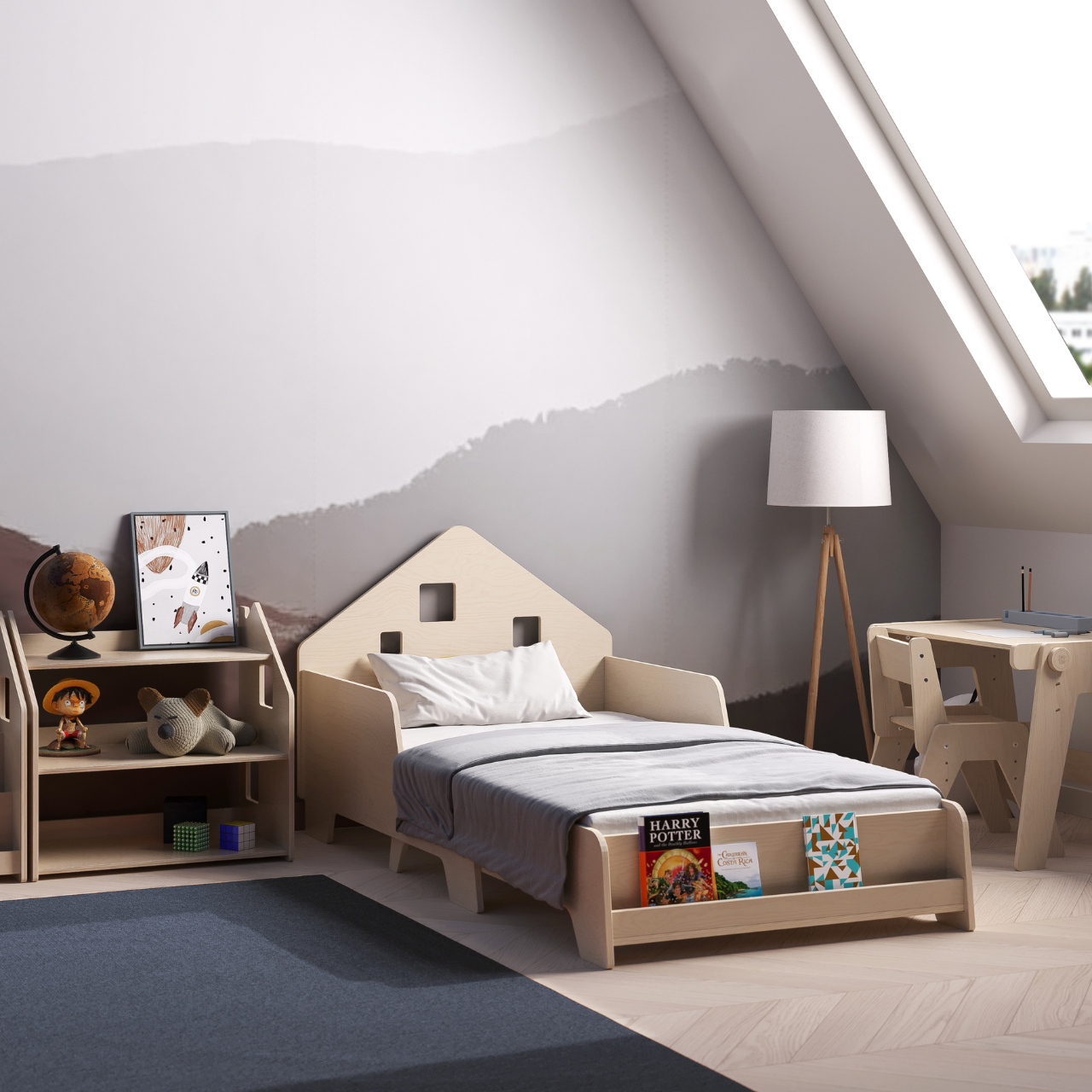 Lit extensible en forme de maison avec éclairage LED