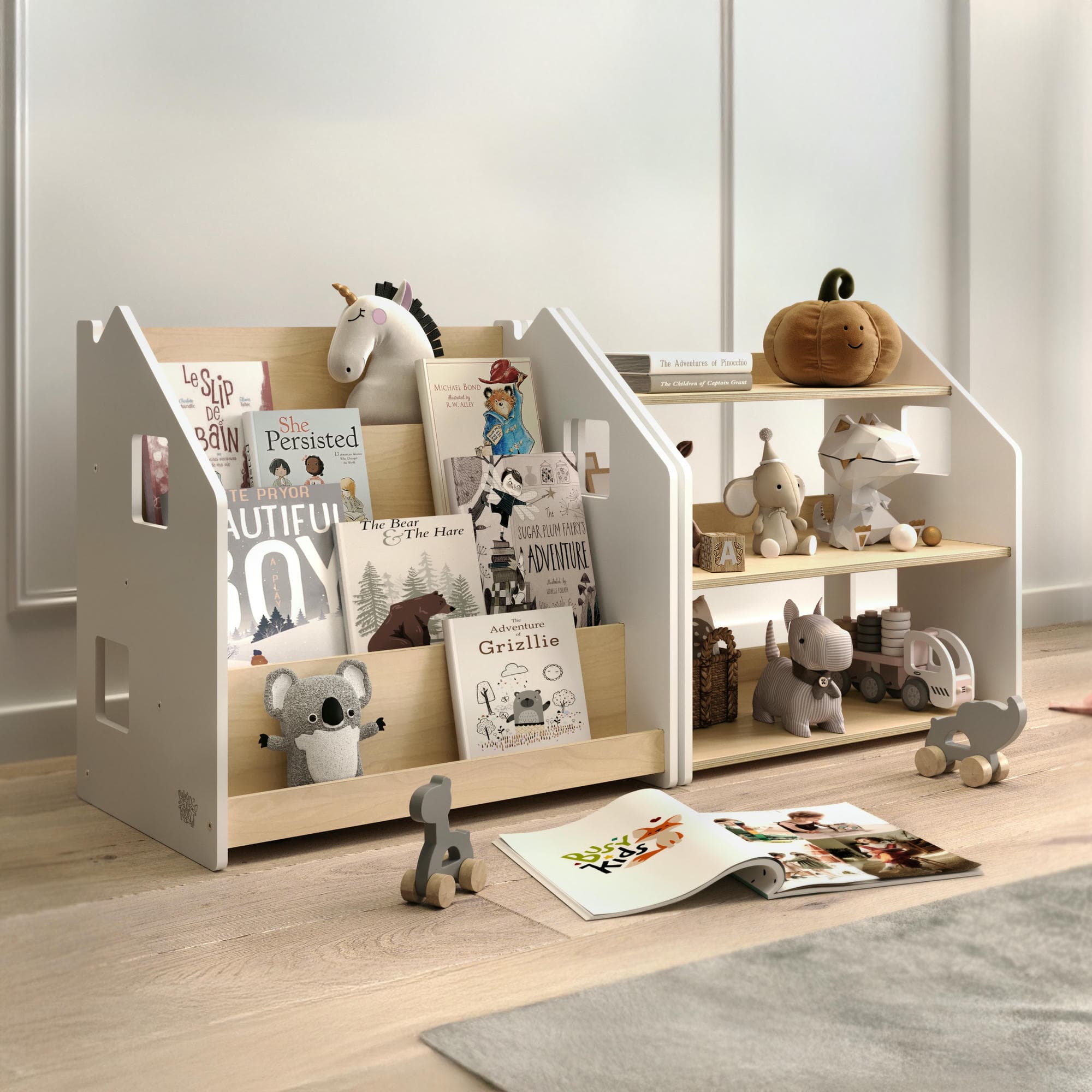 Ensemble - Bibliothèque enfant + Étagère à jouets - Blanc et Gris