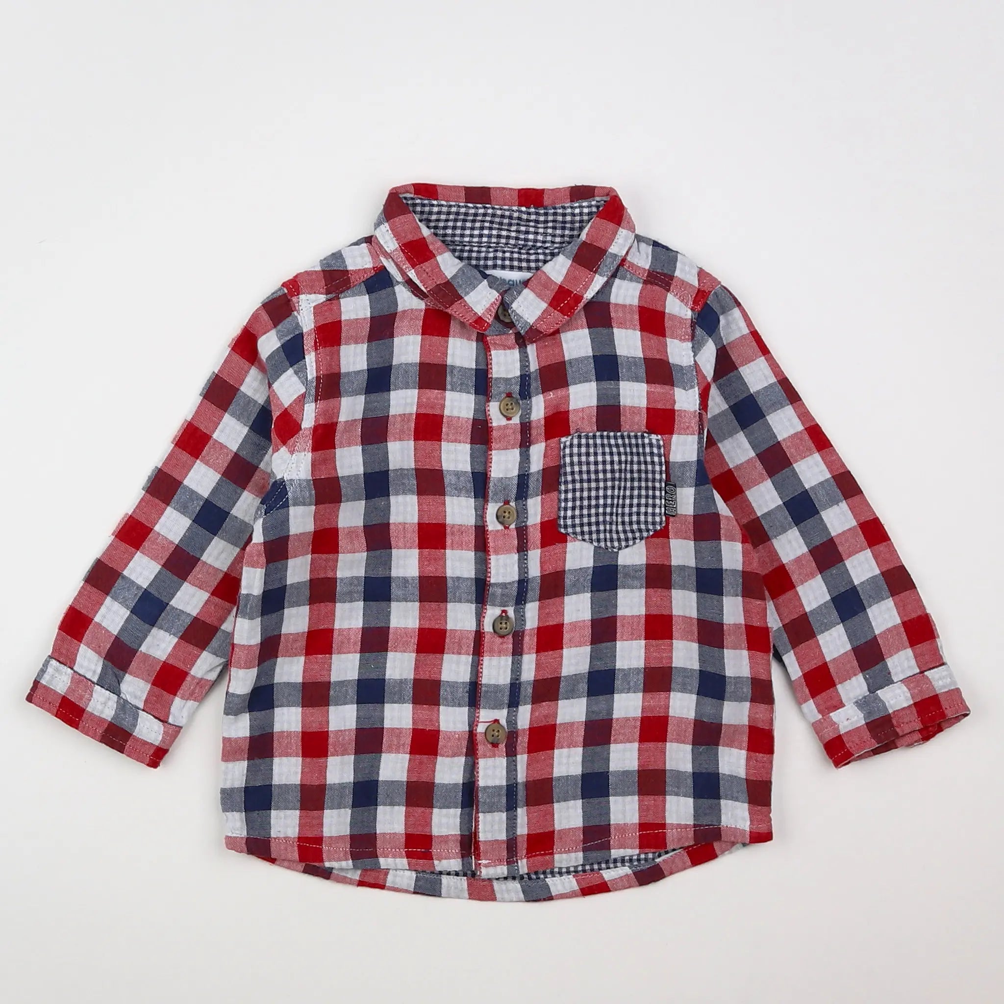 Vertbaudet - chemise bleu, blanc, rouge - 12 mois