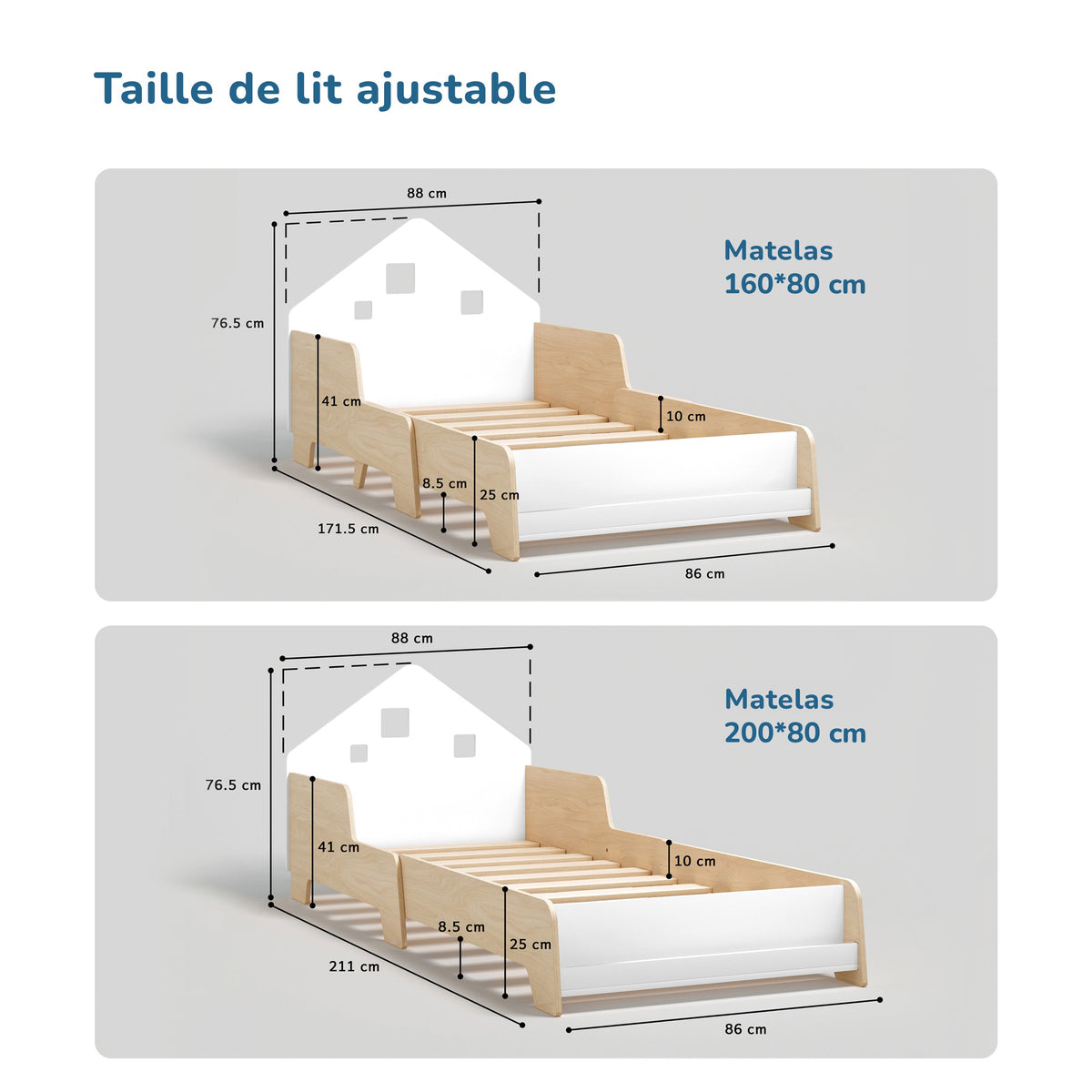 Lit extensible en forme de maison avec éclairage LED