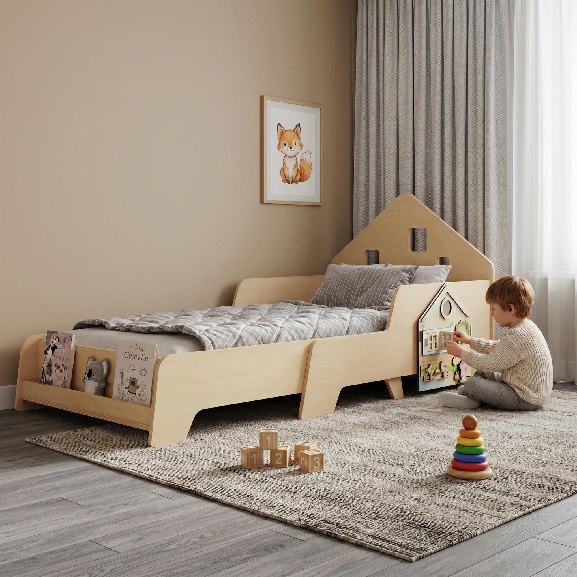 Lit extensible en forme de maison avec éclairage LED