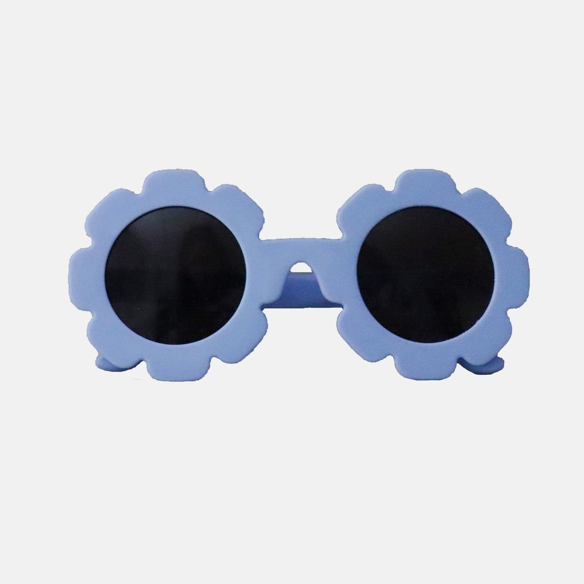 Paire de lunettes de soleil bébé catégorie 4, monture en TPEE bleue en forme de fleur. 