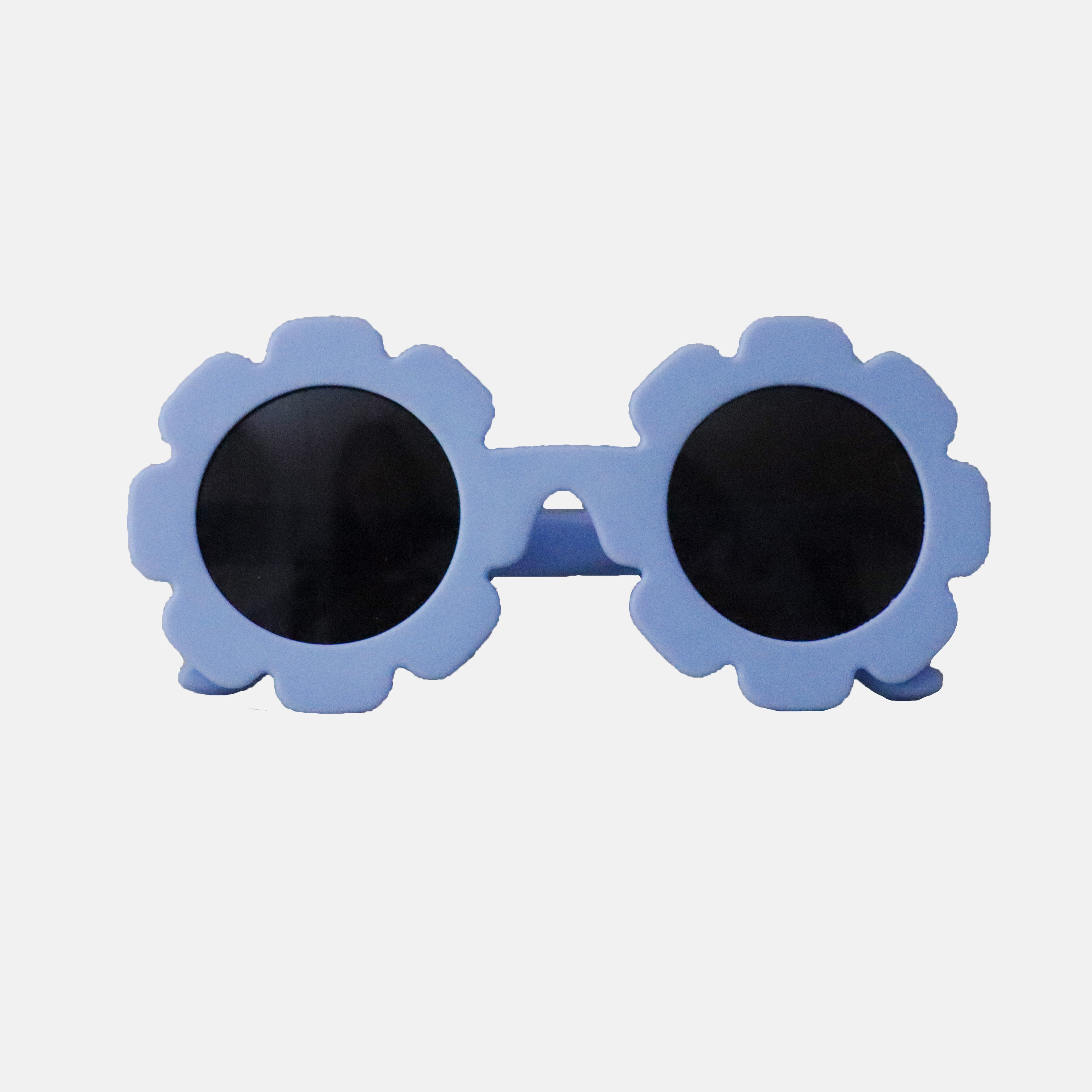 Paire de lunettes de soleil bébé catégorie 4, monture en TPEE bleue en forme de fleur. 