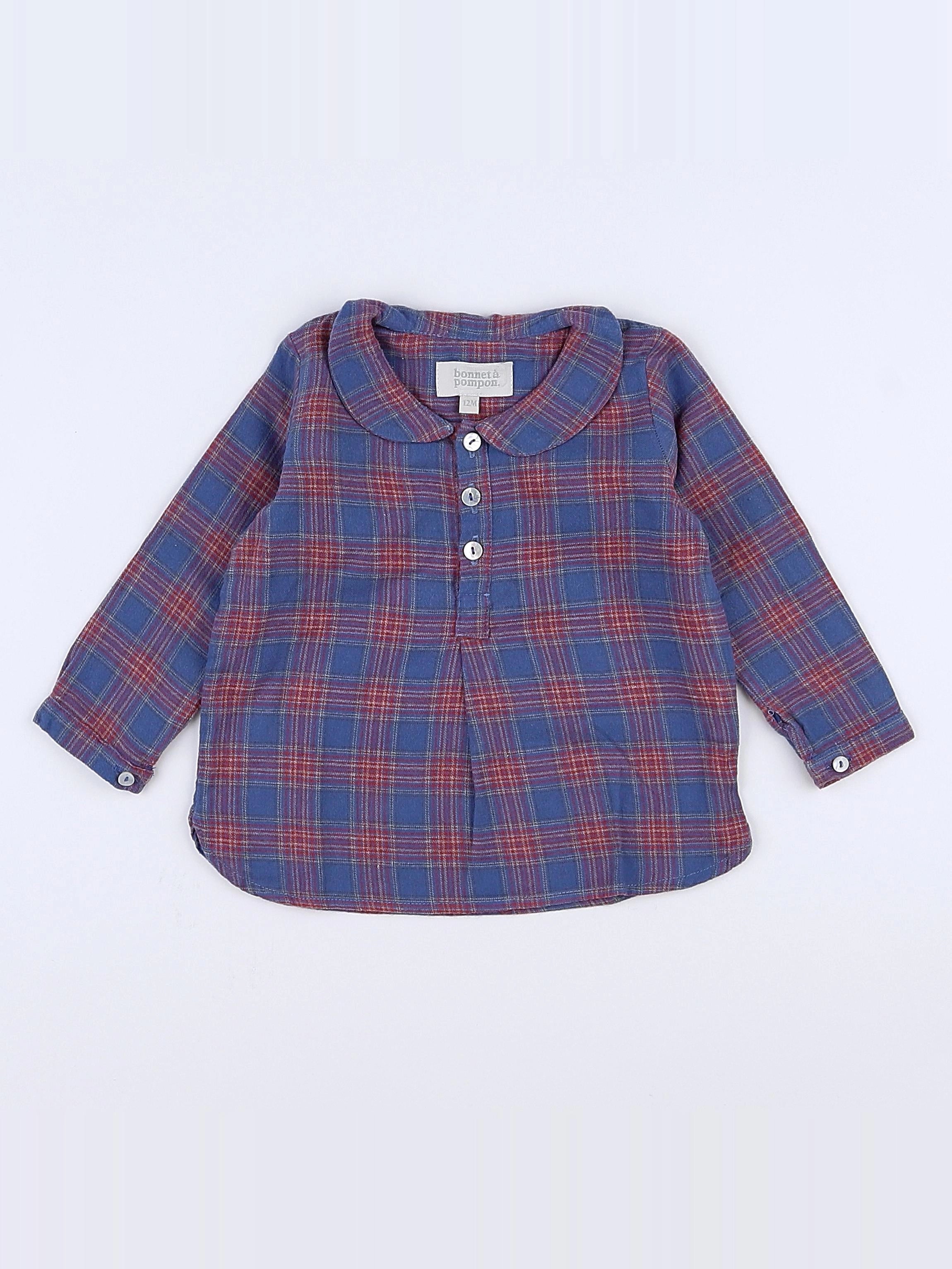 Bonnet à Pompon - blouse bleu, rouge - 12 mois