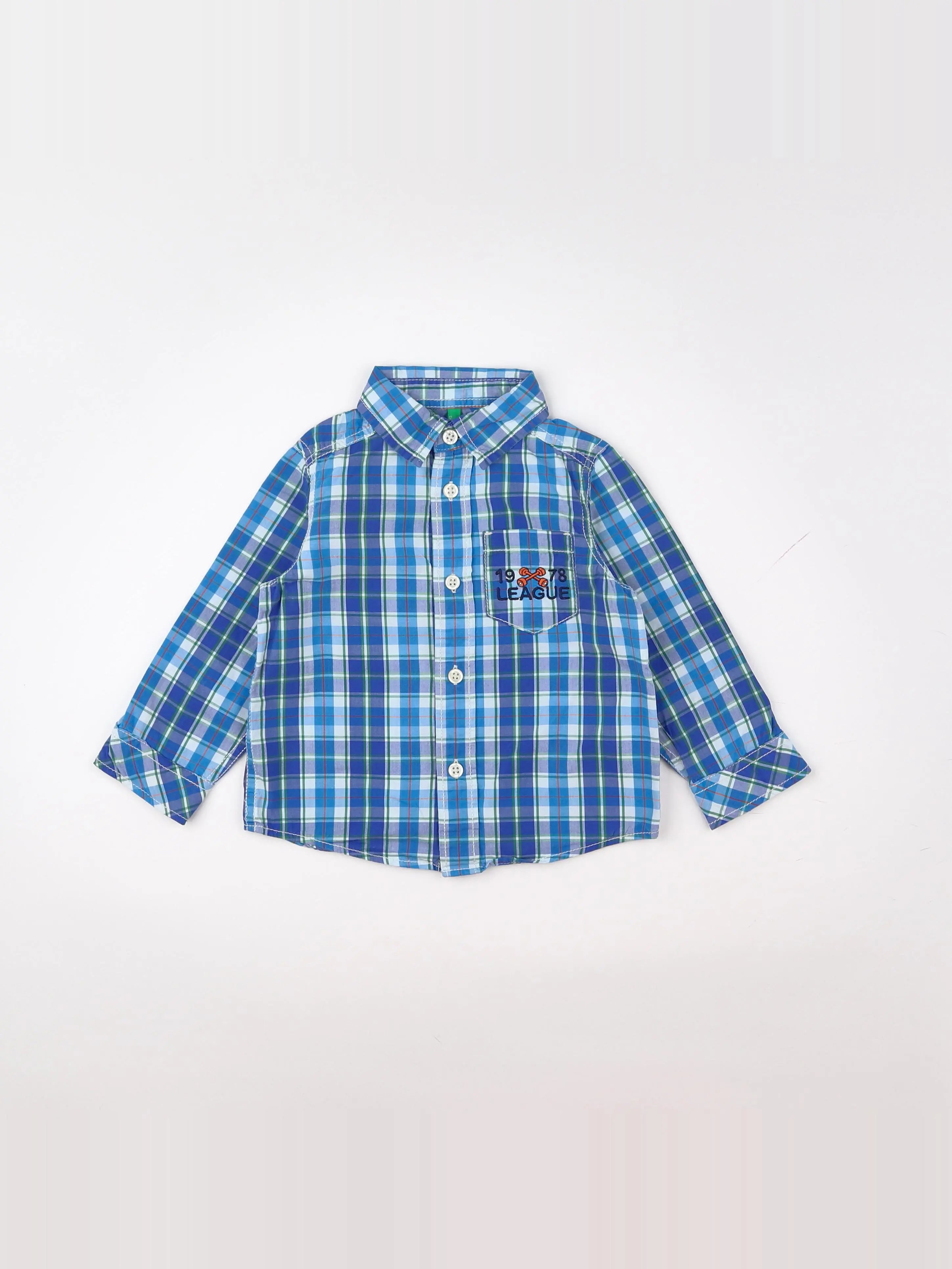 Benetton - chemise bleu, blanc - 12 mois