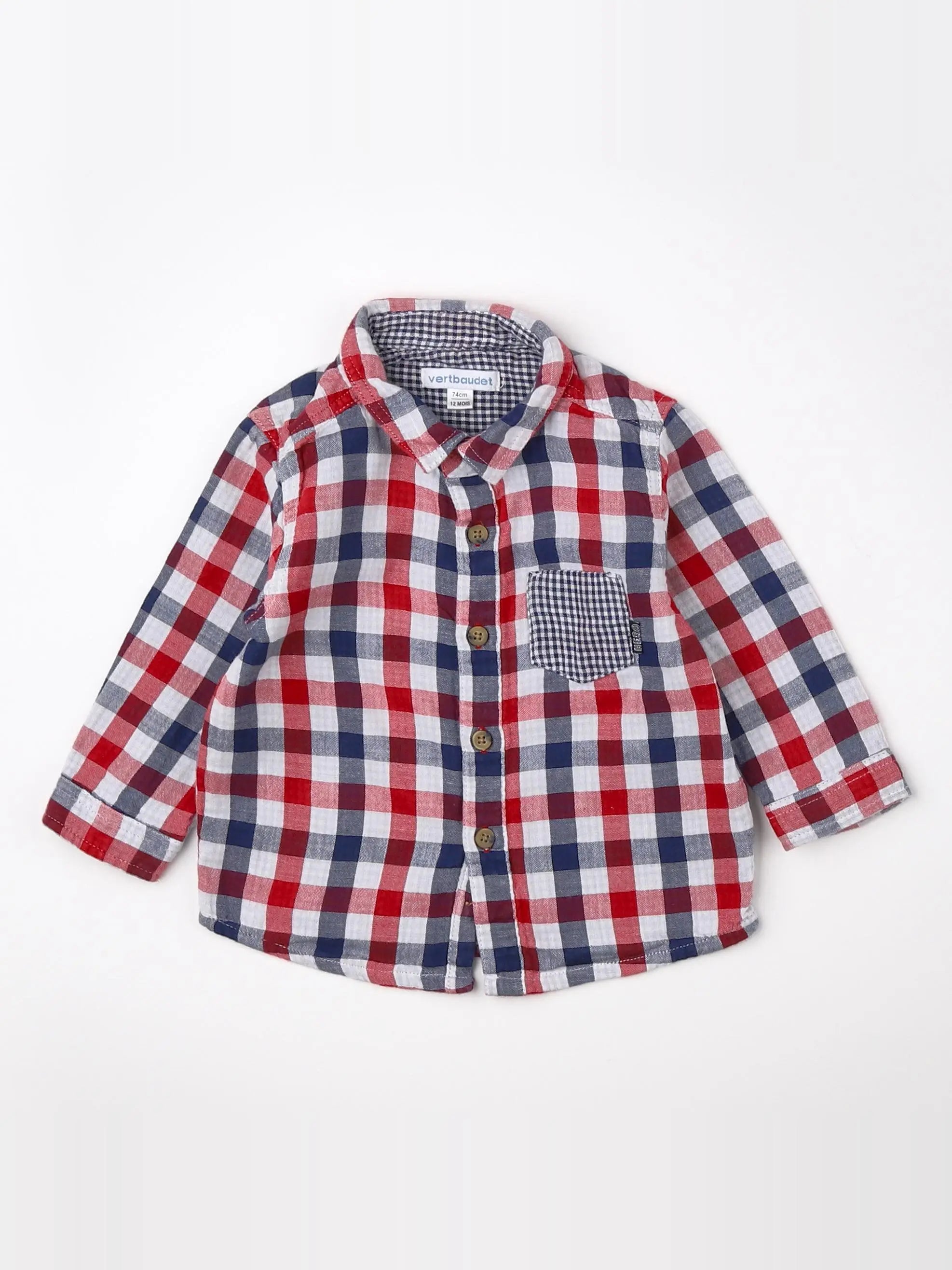 Vertbaudet - chemise bleu, rouge - 12 mois