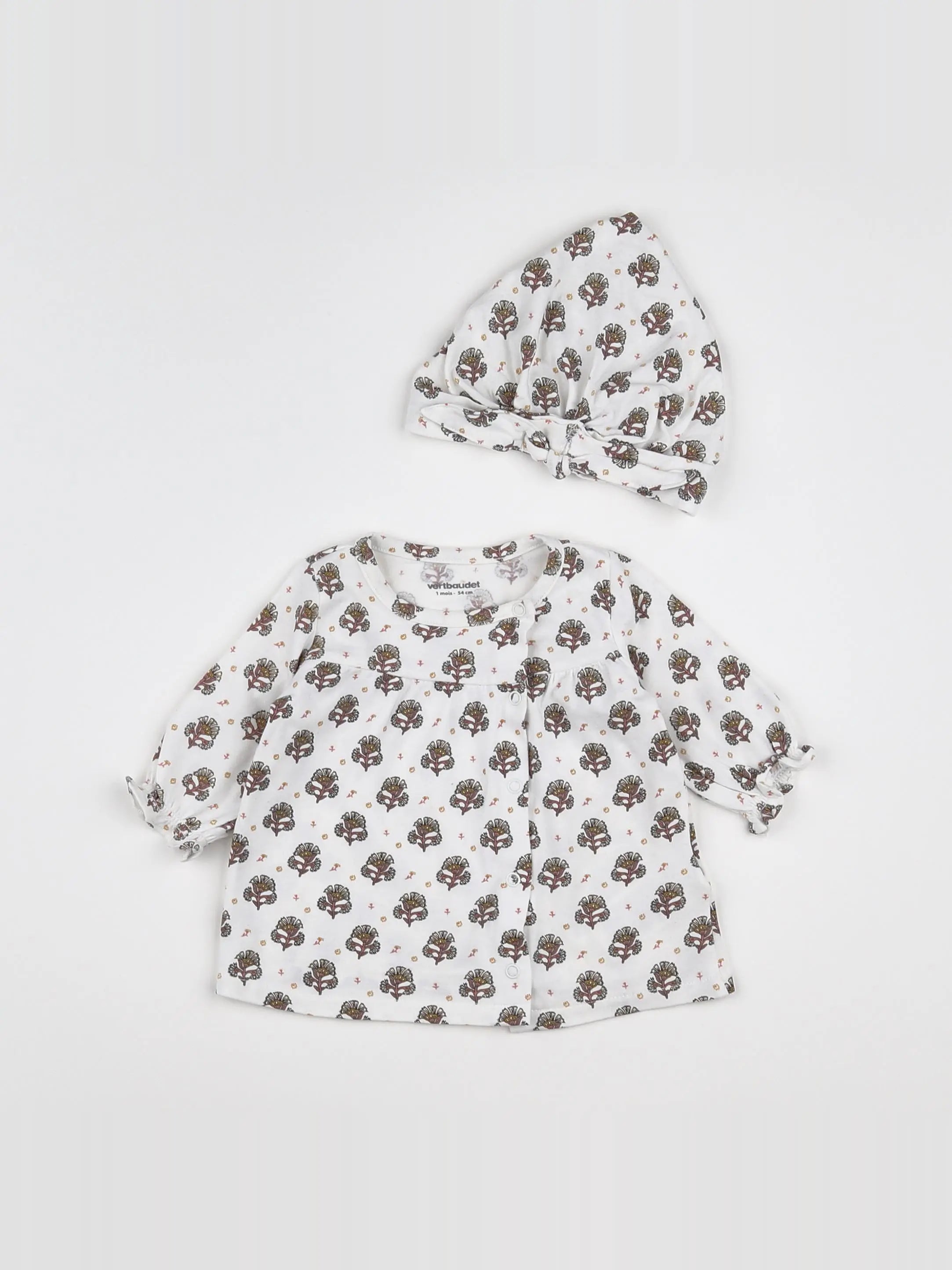 Vertbaudet - ensemble blanc, marron - 1 mois