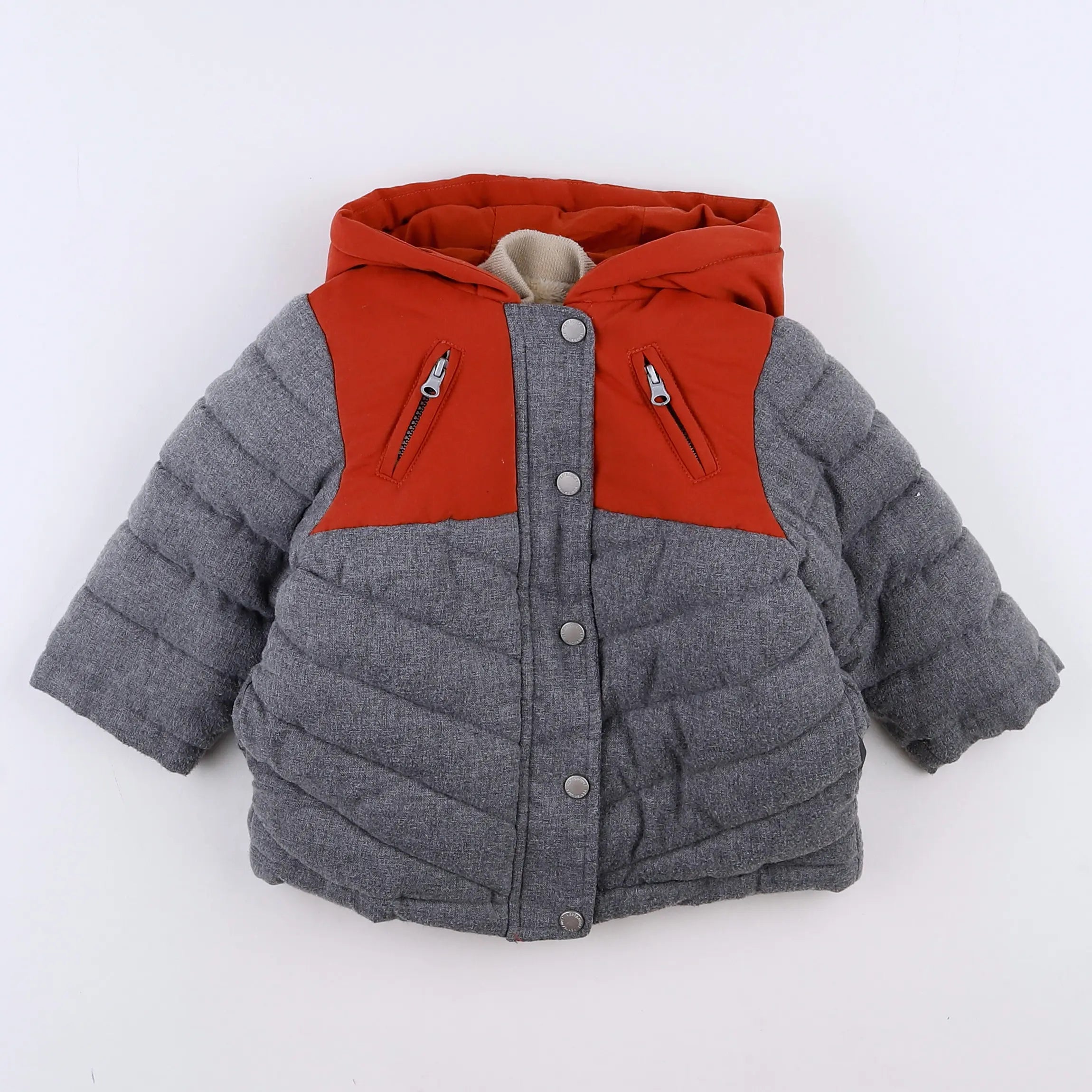 Vertbaudet - doudoune gris, orange - 12 mois