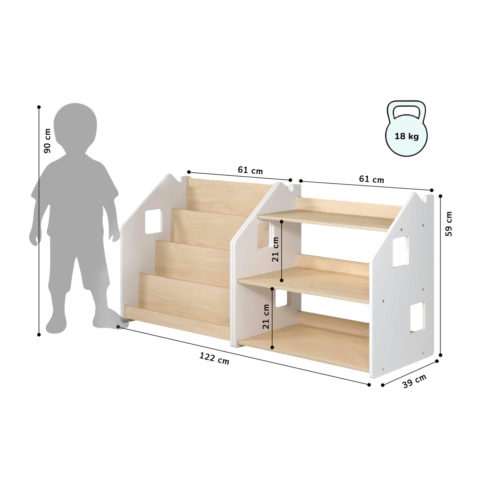 Ensemble - Bibliothèque enfant + Étagère à jouets - Blanc et Gris